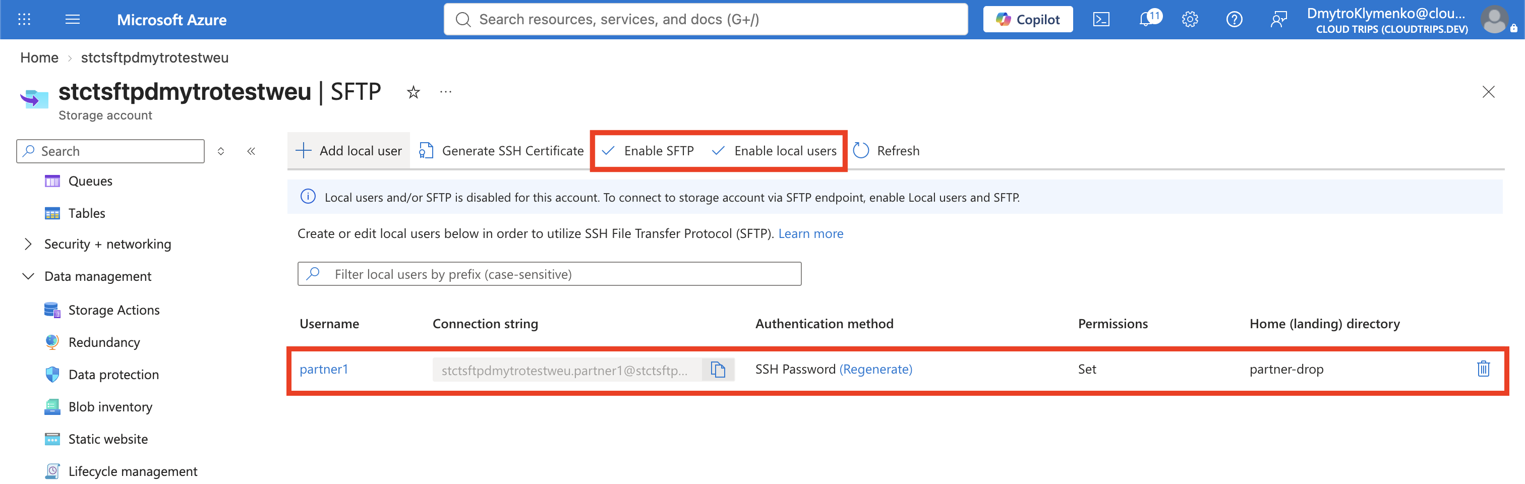 SFTP page showing SFTP enabled and partner1 restricted to partner-drop without exposing its password
