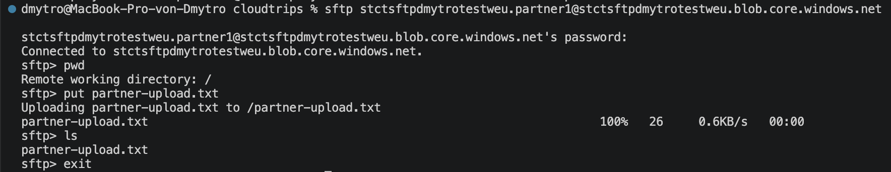 Terminal showing a successful SFTP connection and upload to partner-drop