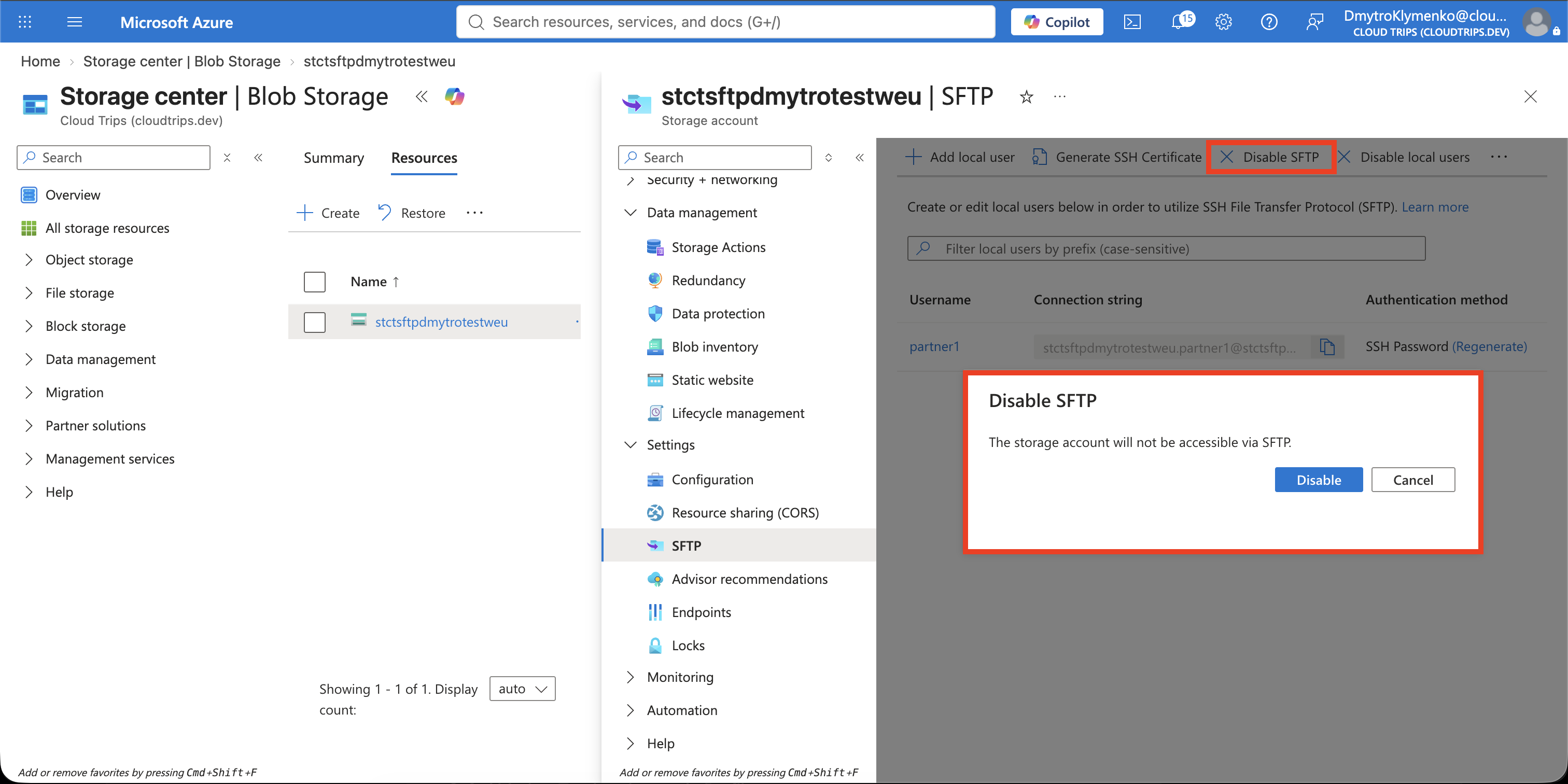 SFTP page showing the feature disabled after the successful upload test