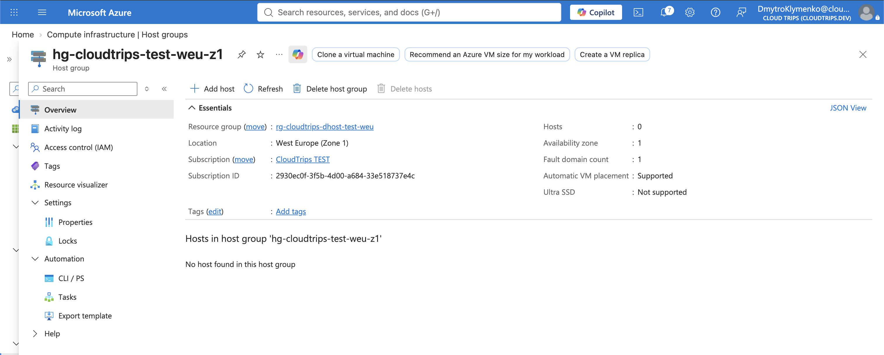 Created Host group showing zone 1 and one fault domain