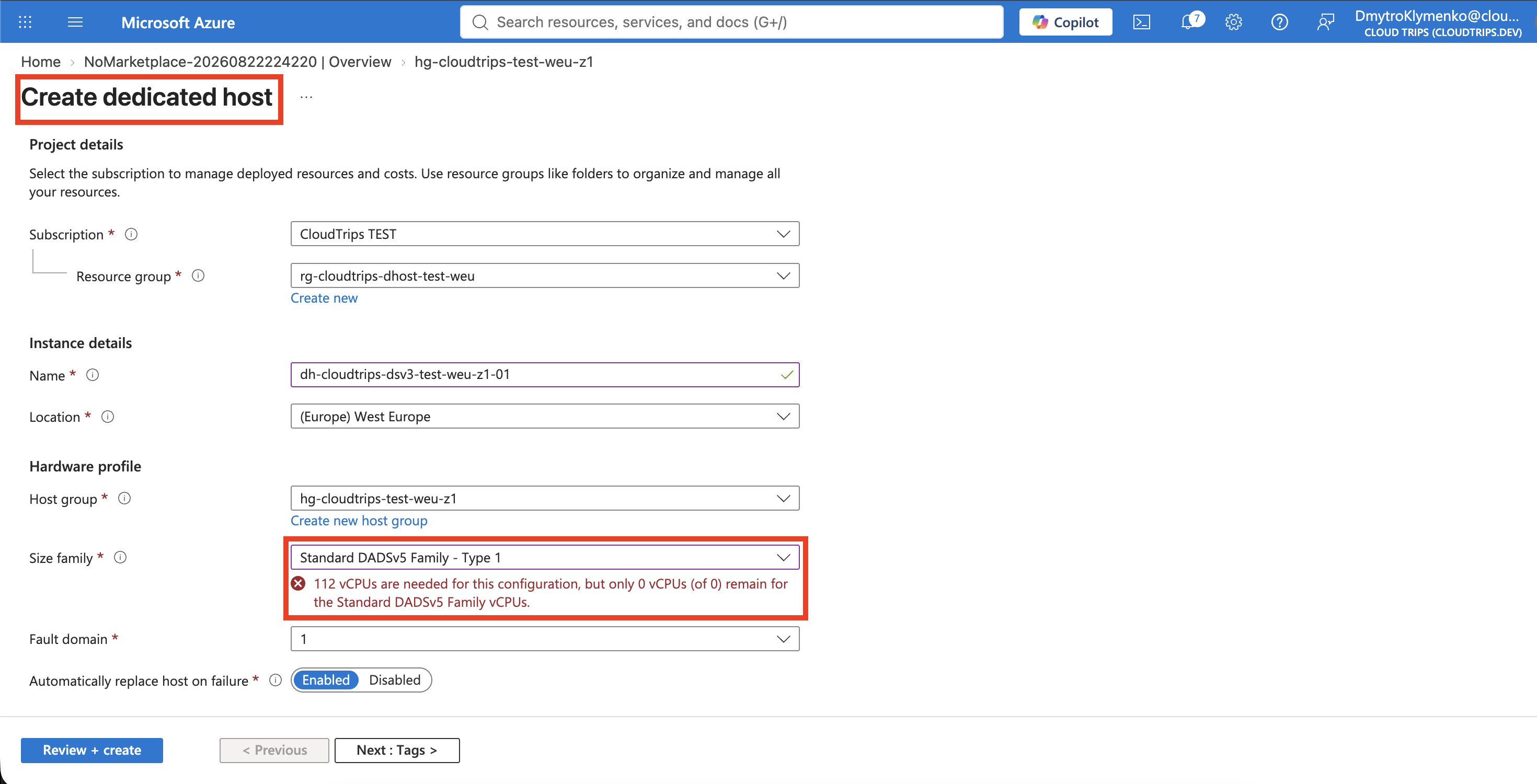 Dedicated host validation showing the selected SKU and insufficient family vCPU quota