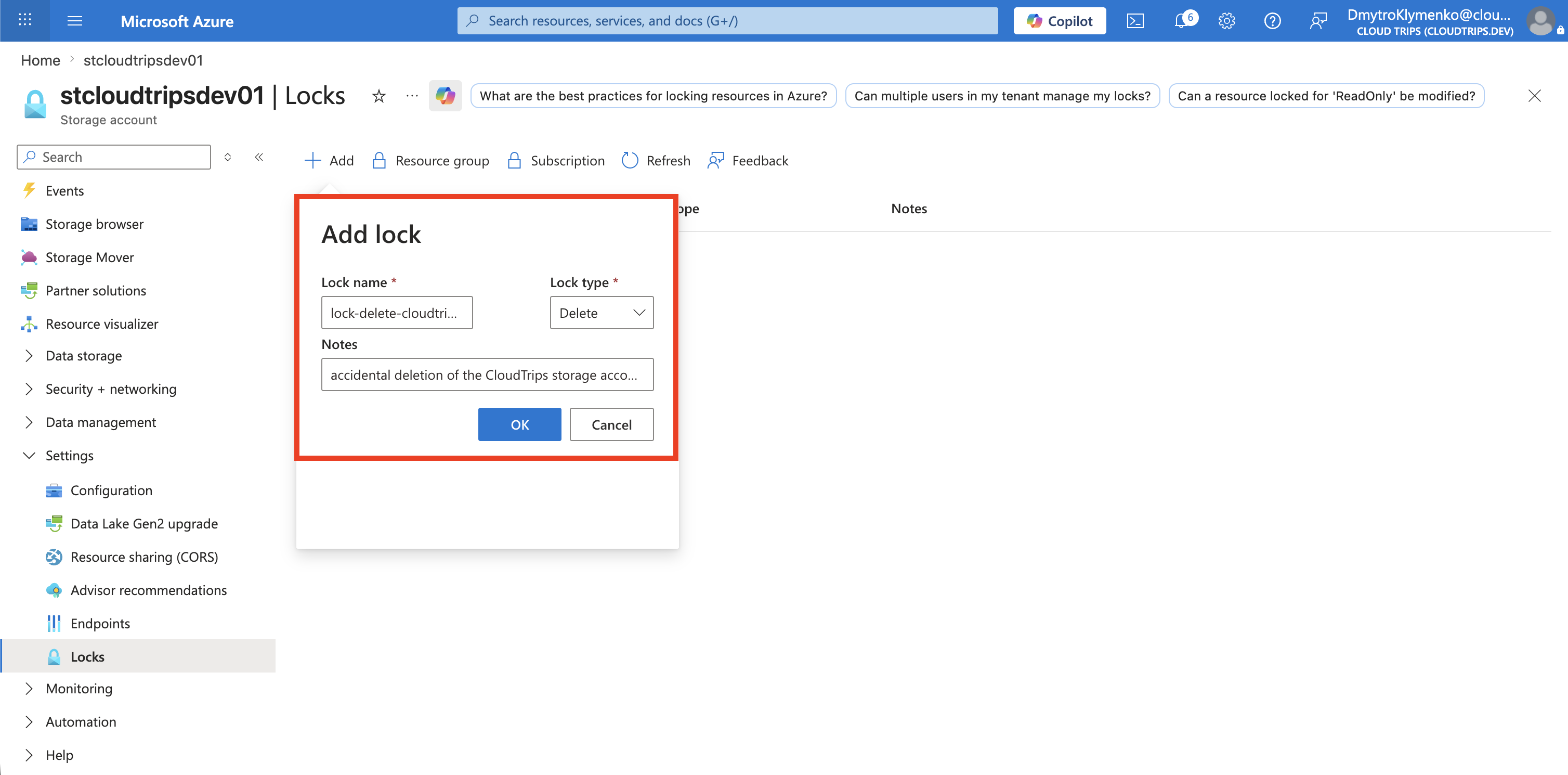 Add lock form configured with the CloudTrips delete lock