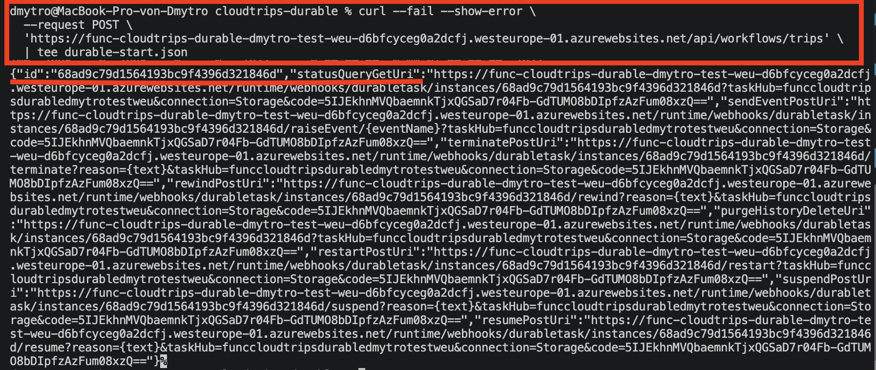 Terminal showing the orchestration instance ID and status management URLs