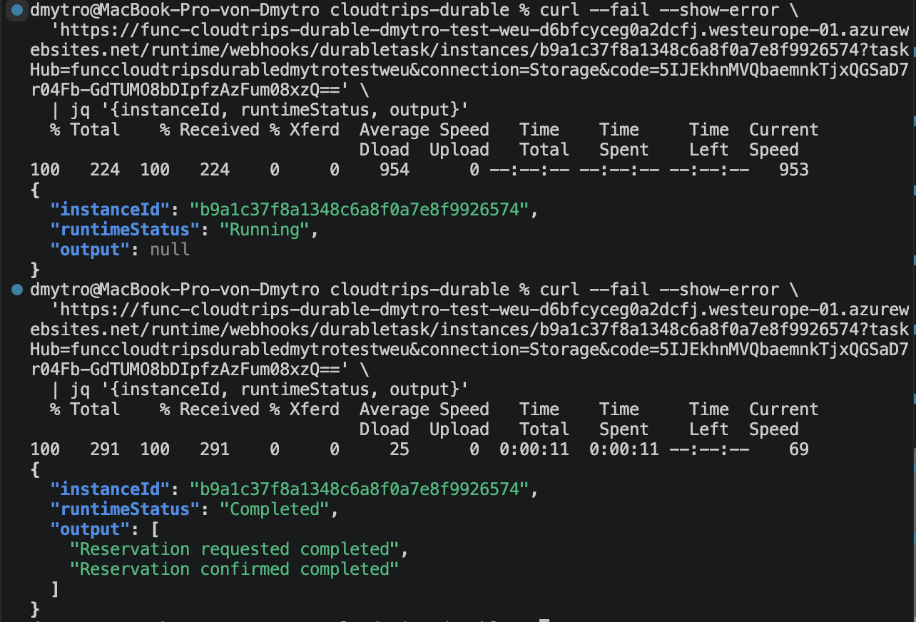 Completed Durable Functions orchestration showing both activity outputs
