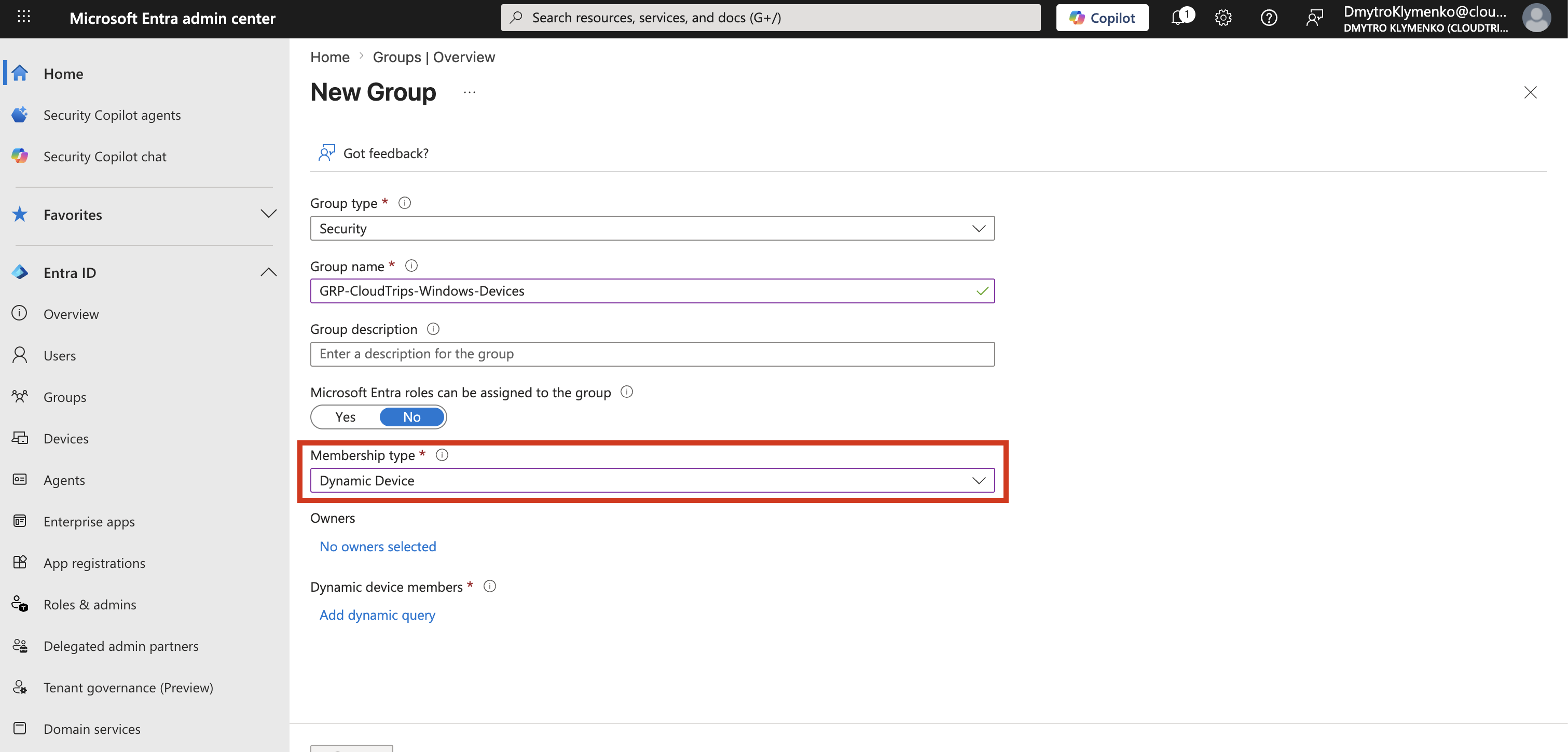 Microsoft Entra group creation screen with Dynamic Device membership type selected