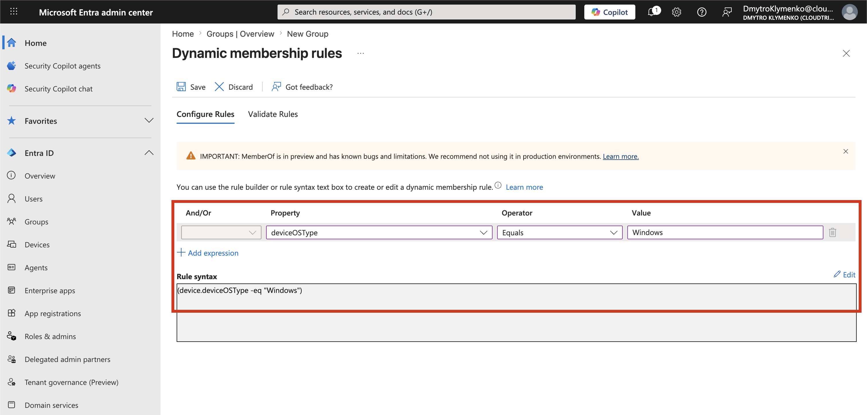 Microsoft Entra dynamic device rule editor showing operating system condition set to Windows