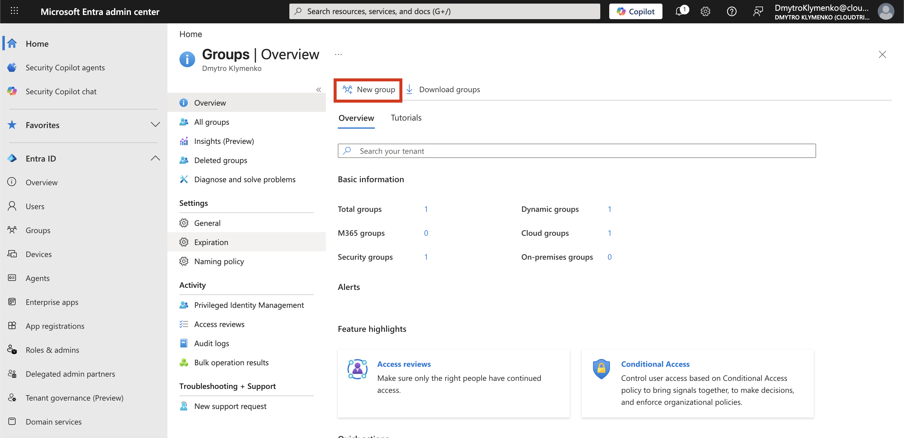 Microsoft Entra Groups overview page showing existing groups and the New group button