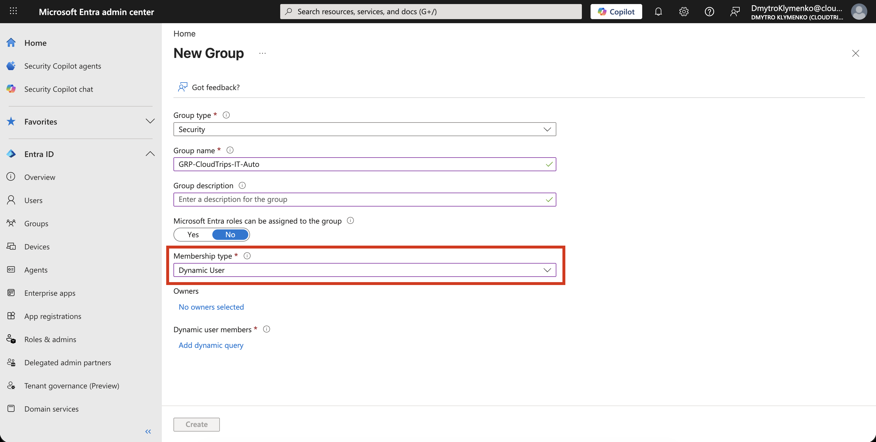 Microsoft Entra Gruppenerstellungsseite mit ausgewähltem Membership type Dynamic User