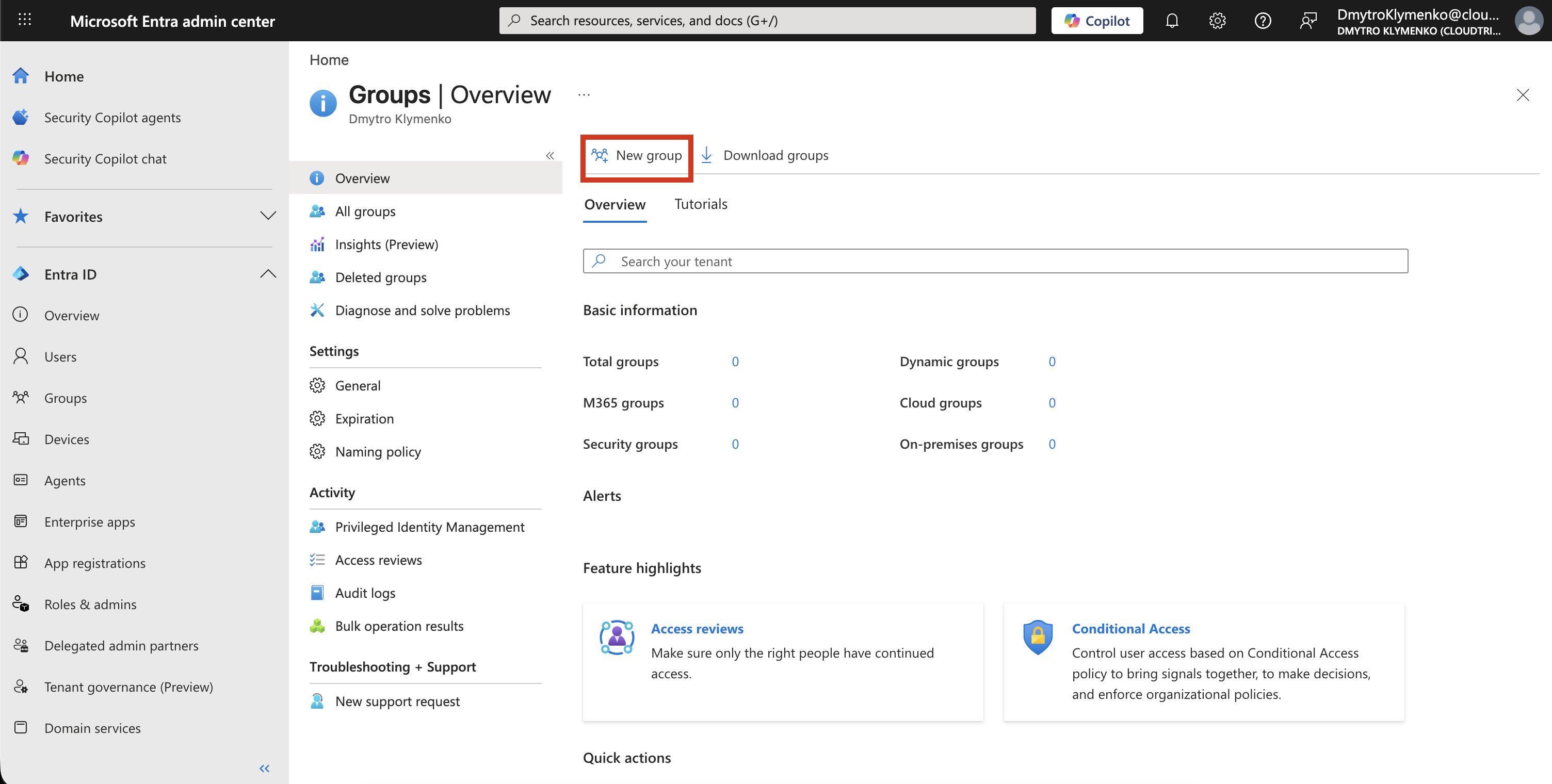 Microsoft Entra Groups-Übersichtsseite mit vorhandenen Gruppen und New group-Button