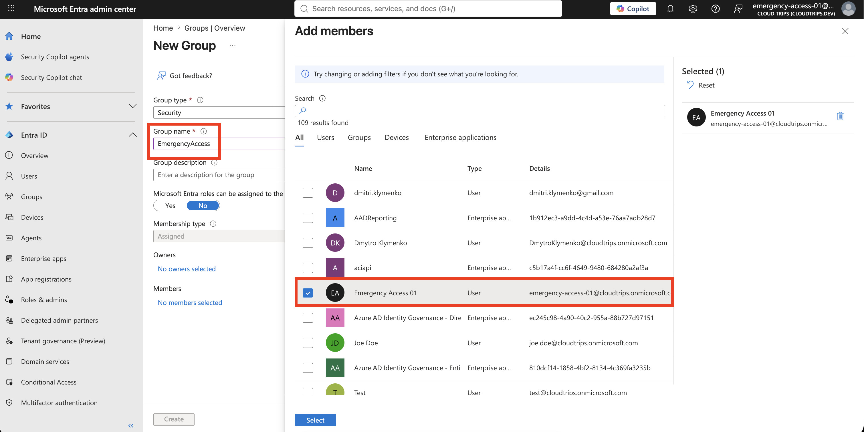 EmergencyAccess group containing the emergency access account