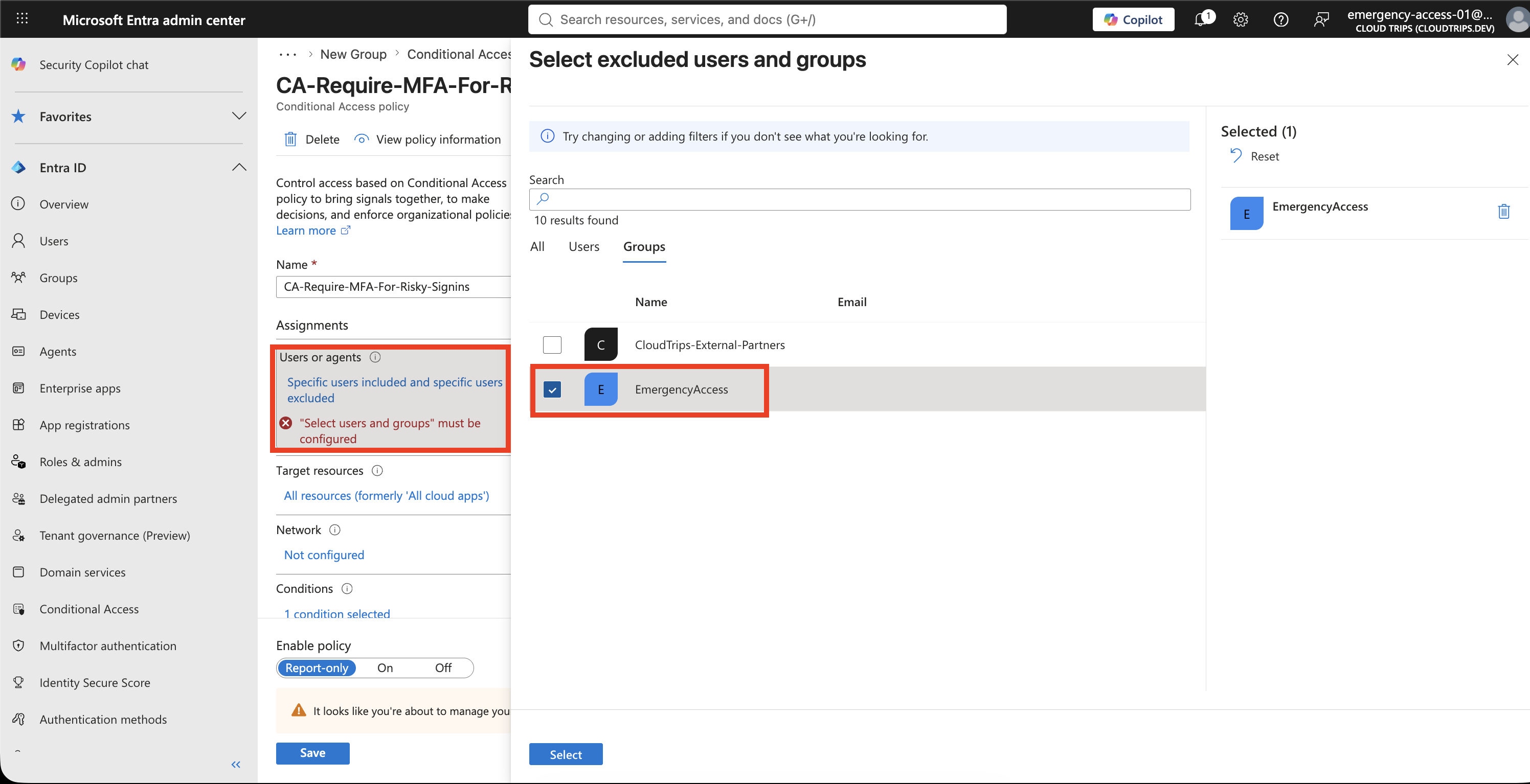 Conditional Access policy exclusions showing the EmergencyAccess group excluded