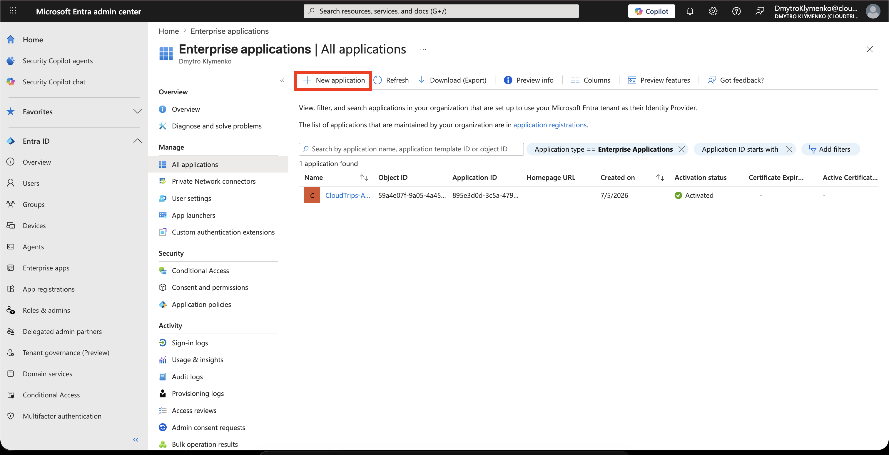 Microsoft Entra Enterprise applications page showing New application