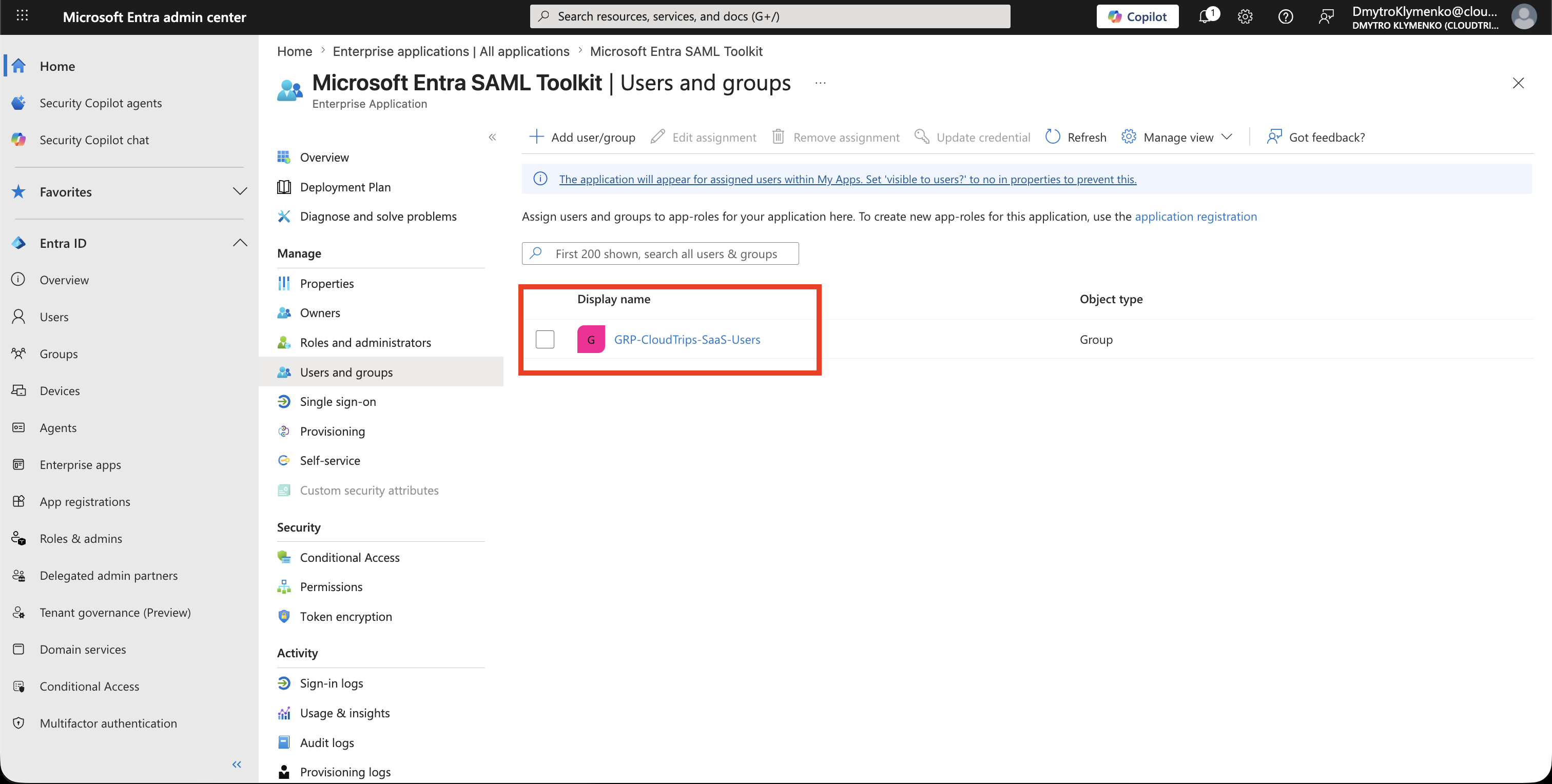 Enterprise application users and groups page showing assigned user or group