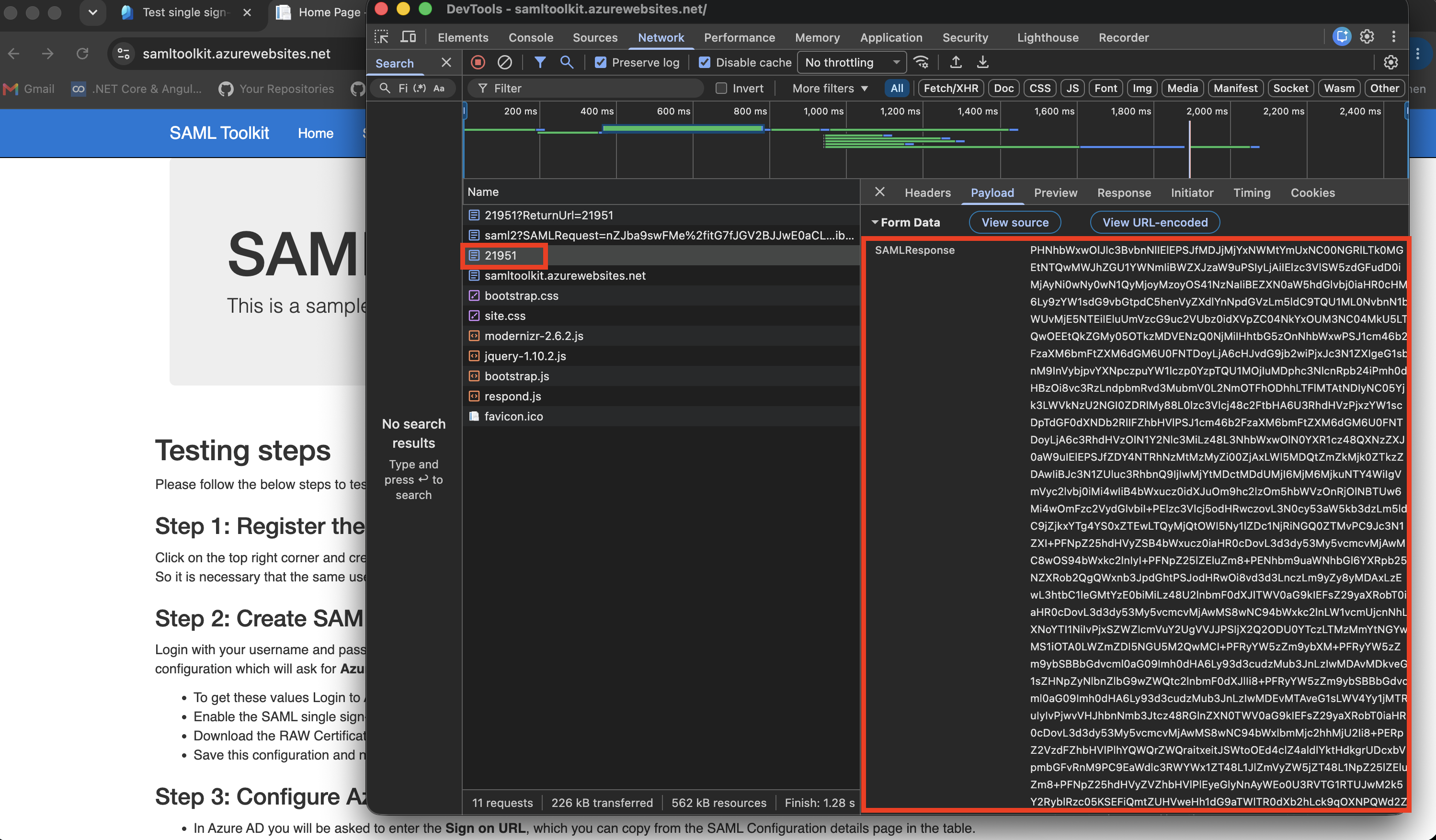 SAML Toolkit successful SSO result showing the signed-in Entra user or SAML response details