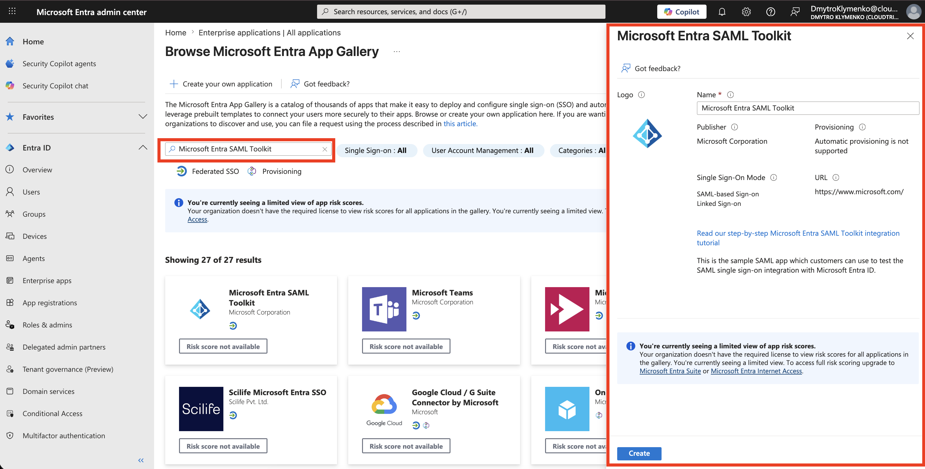 Microsoft Entra application gallery showing Microsoft Entra SAML Toolkit