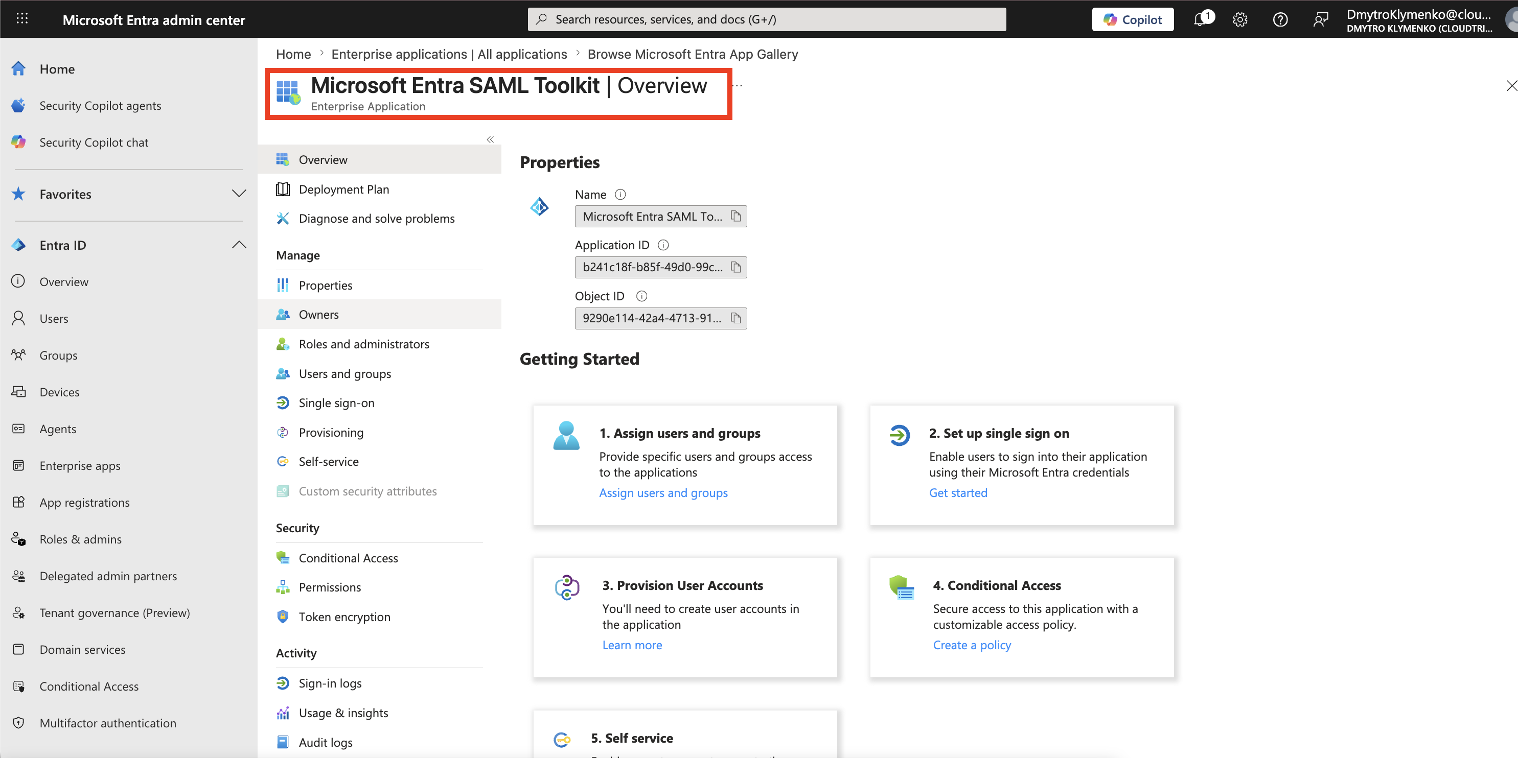 Create enterprise application page showing CloudTrips SAML Toolkit