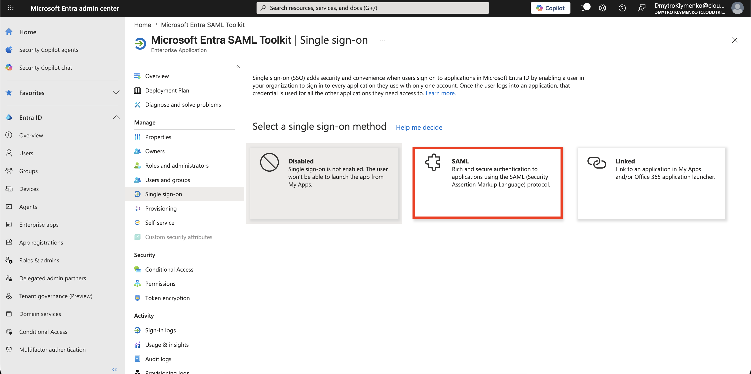 Enterprise application single sign-on page showing SAML selected