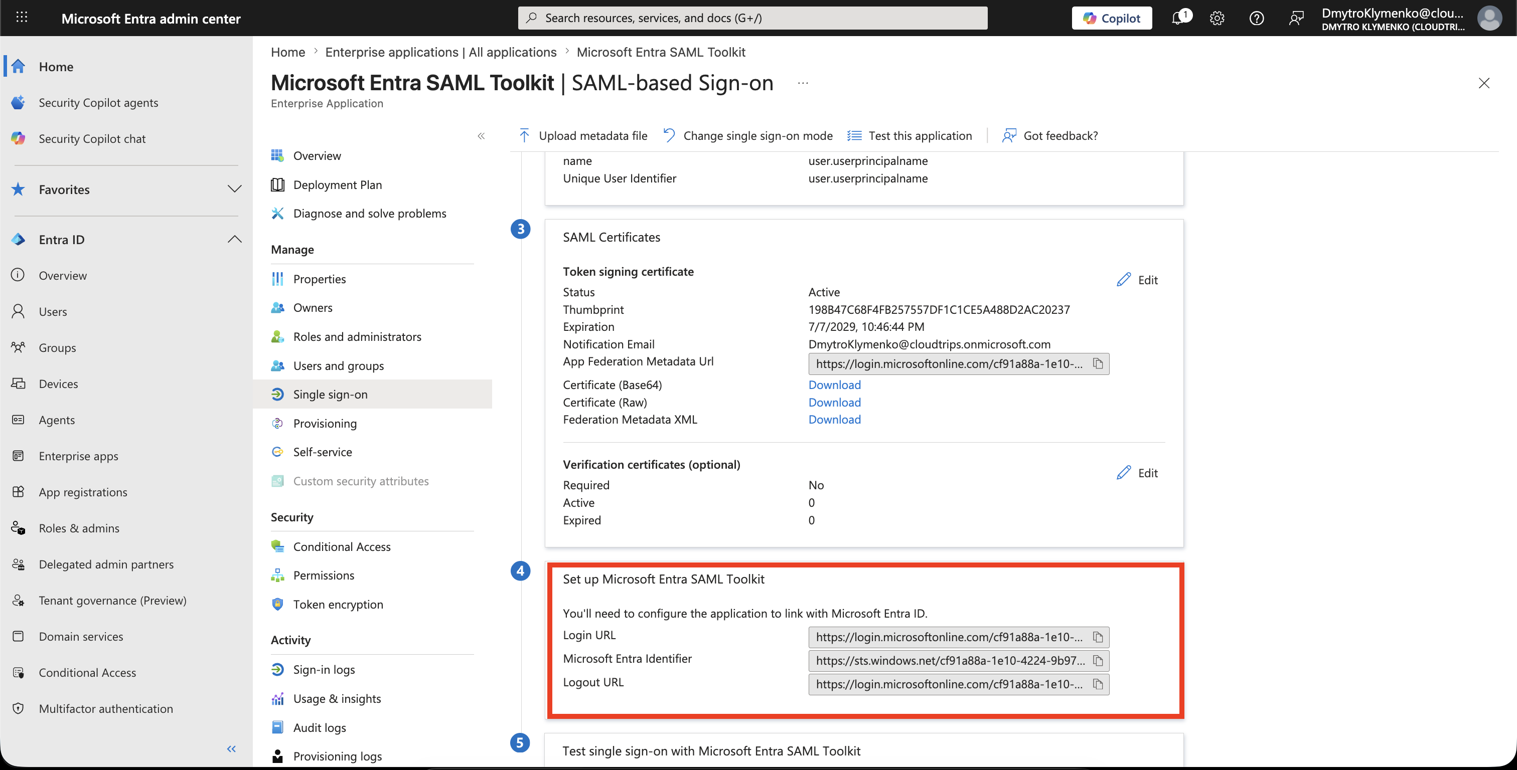 SAML setup values showing login URL, Entra identifier, logout URL, and certificate download