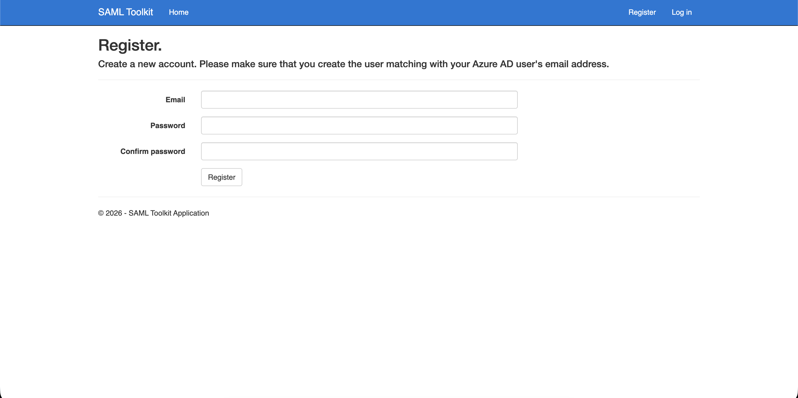SAML Toolkit registration page showing a user account matching the Entra user email