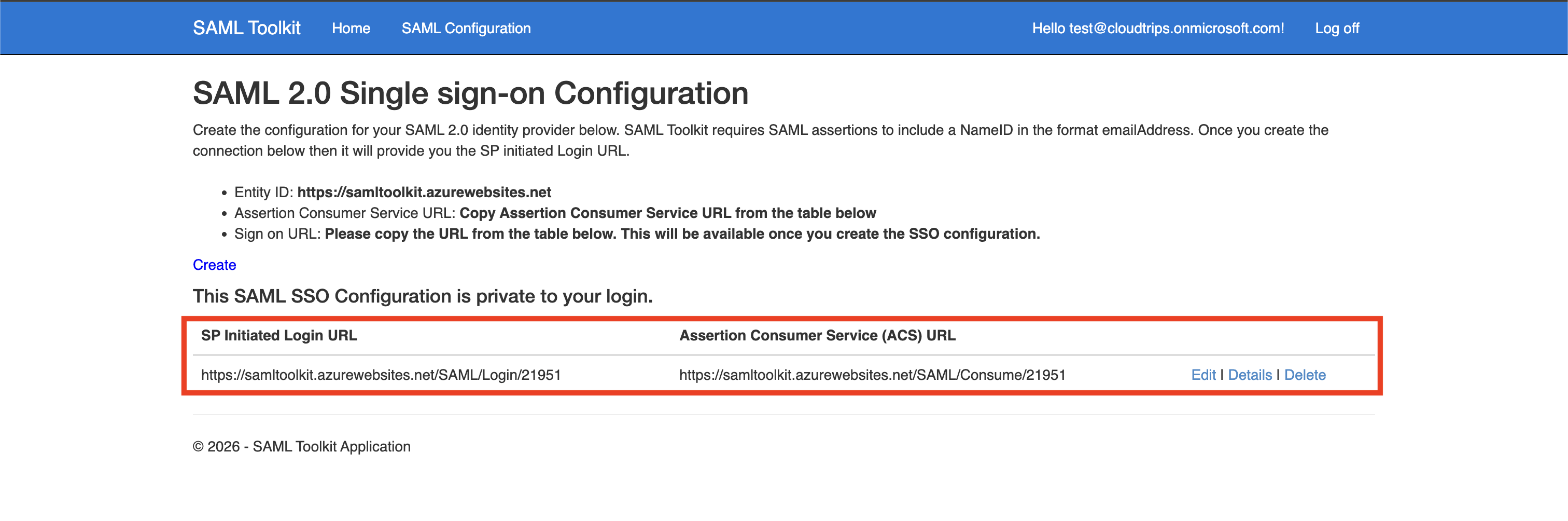 SAML Toolkit configuration page showing Entra login URL, identifier, logout URL, and raw certificate fields