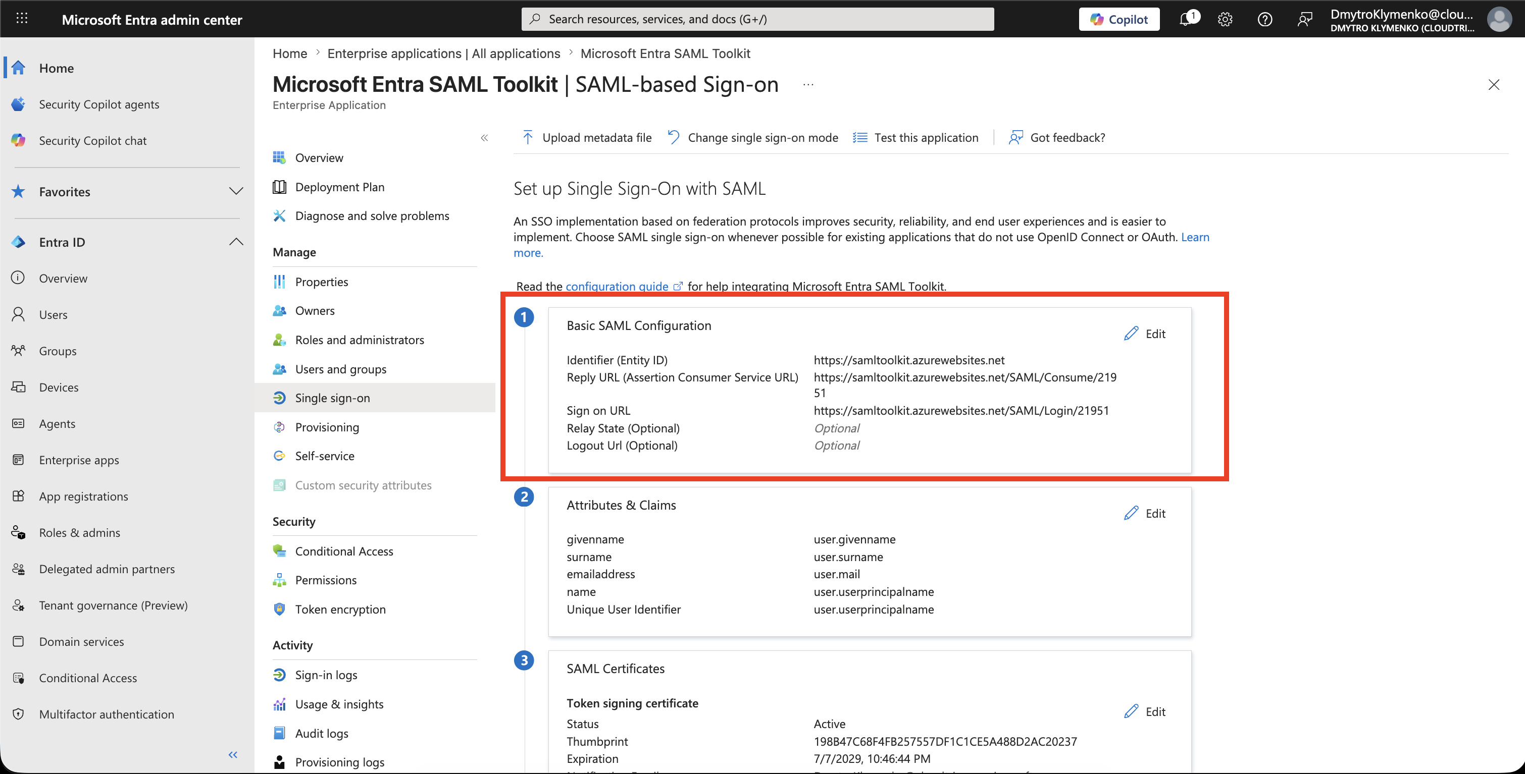 Basic SAML Configuration showing toolkit Entity ID, ACS URL, and SP initiated SSO URL