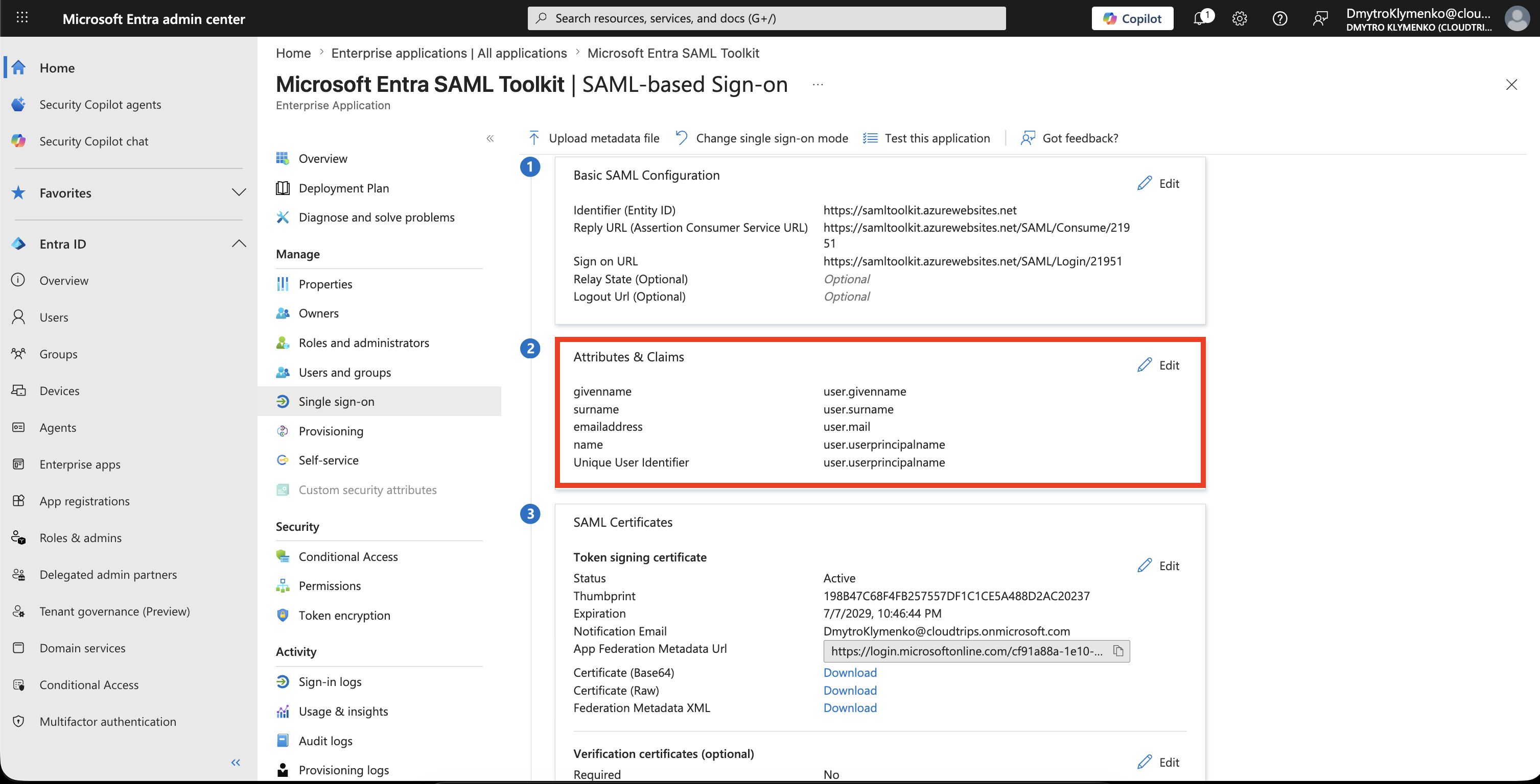 SAML Attributes and Claims page showing Name ID and user claims