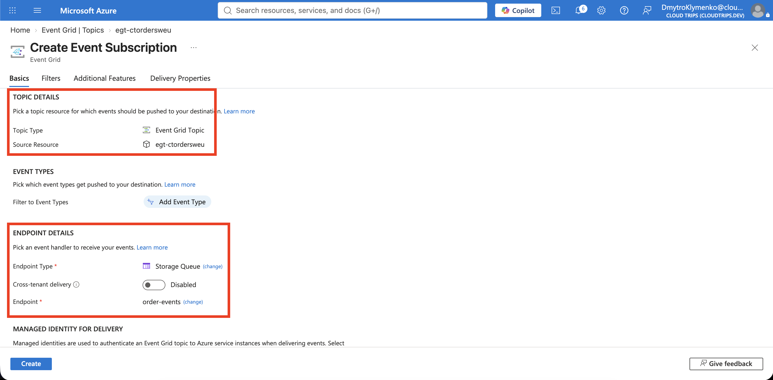The event subscription showing the Event Grid topic and Storage queue destination.