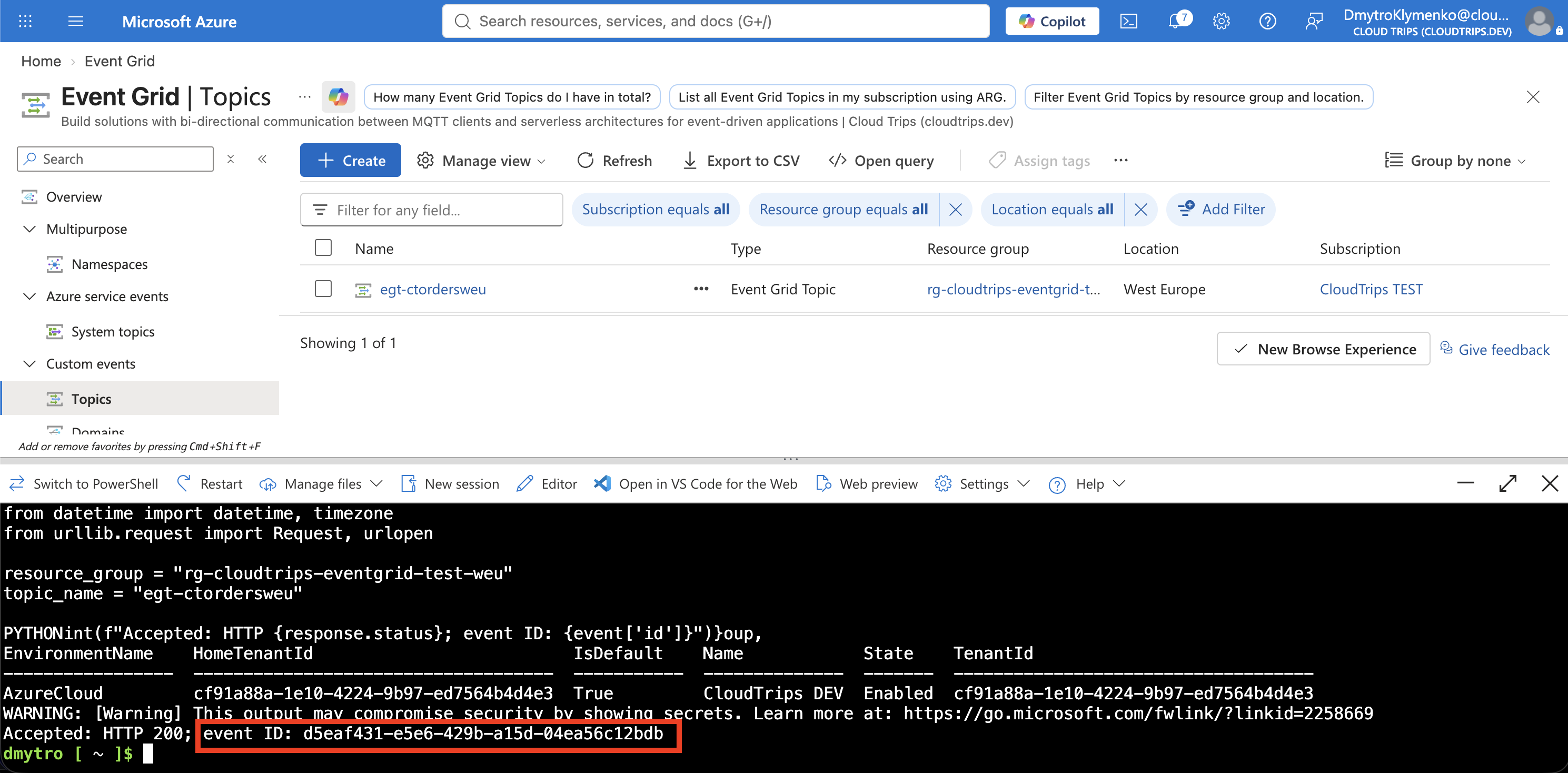 Cloud Shell showing the accepted event and its event ID.