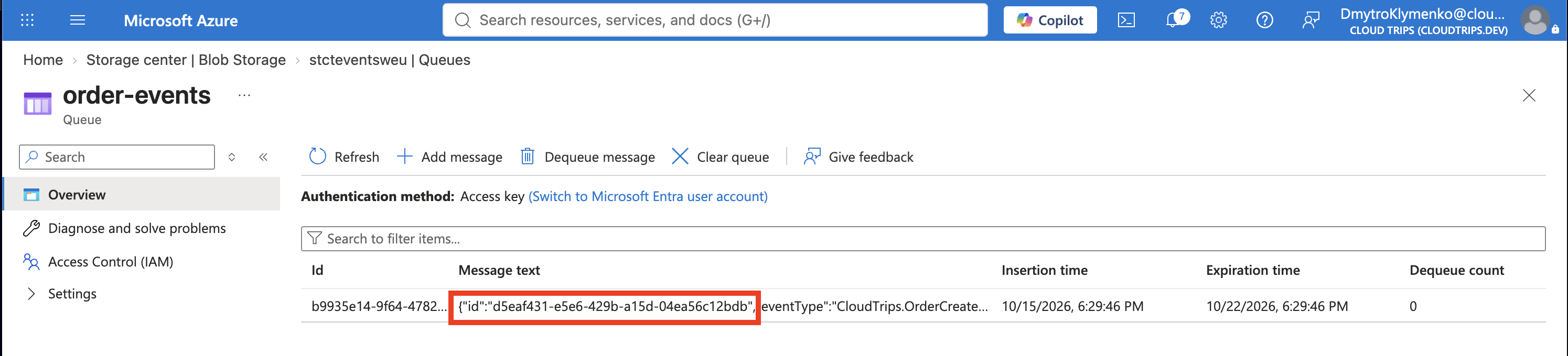 The Storage queue message showing the delivered order event.
