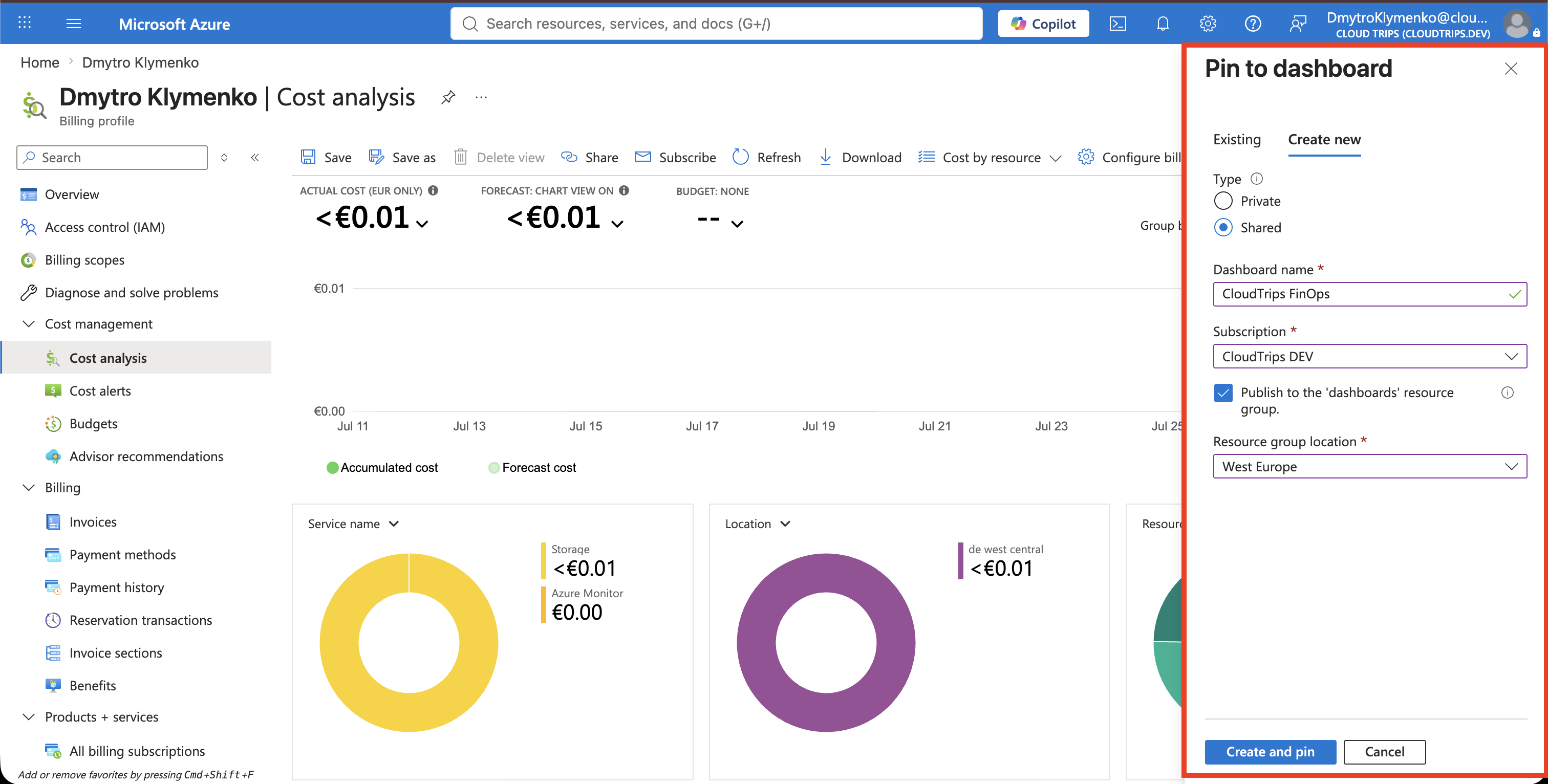 Kumulierte Kosten des aktuellen Monats mit aktuellem Filter auf CloudTrips DEV