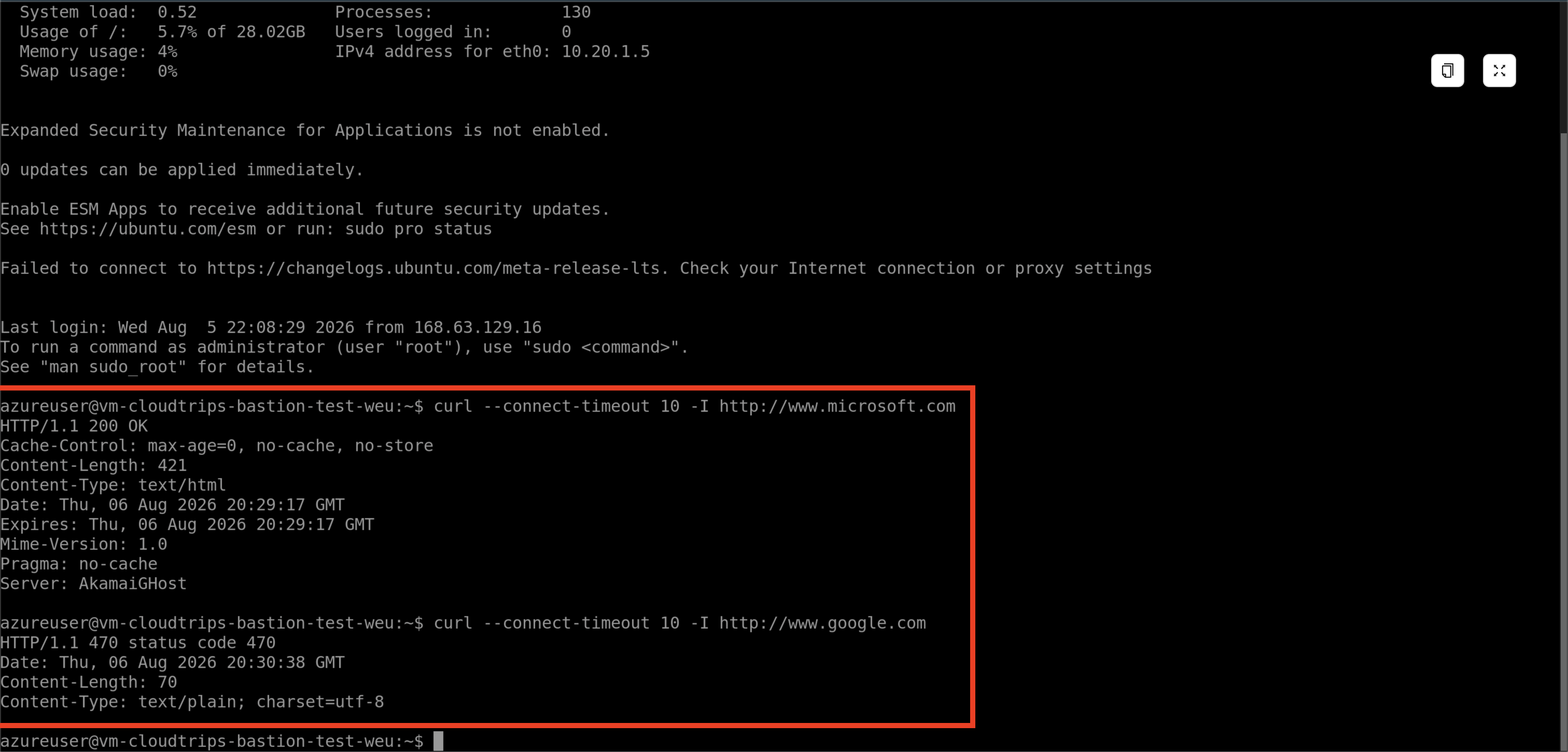Bastion-Terminal mit zugelassenem www.microsoft.com und durch Azure Firewall verweigertem www.google.com