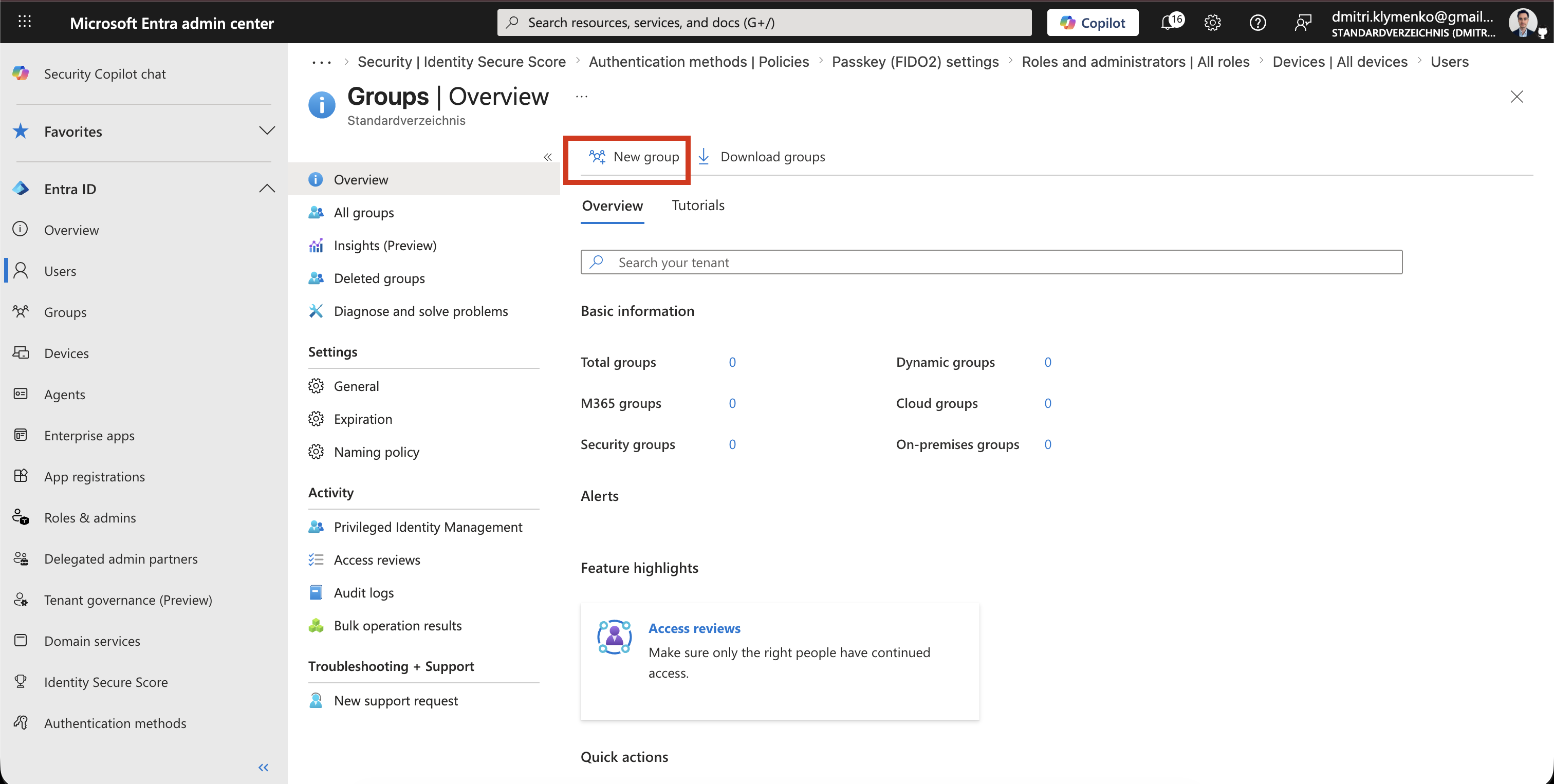 Microsoft Entra ID Groups-Übersichtsseite mit vorhandenen Gruppen