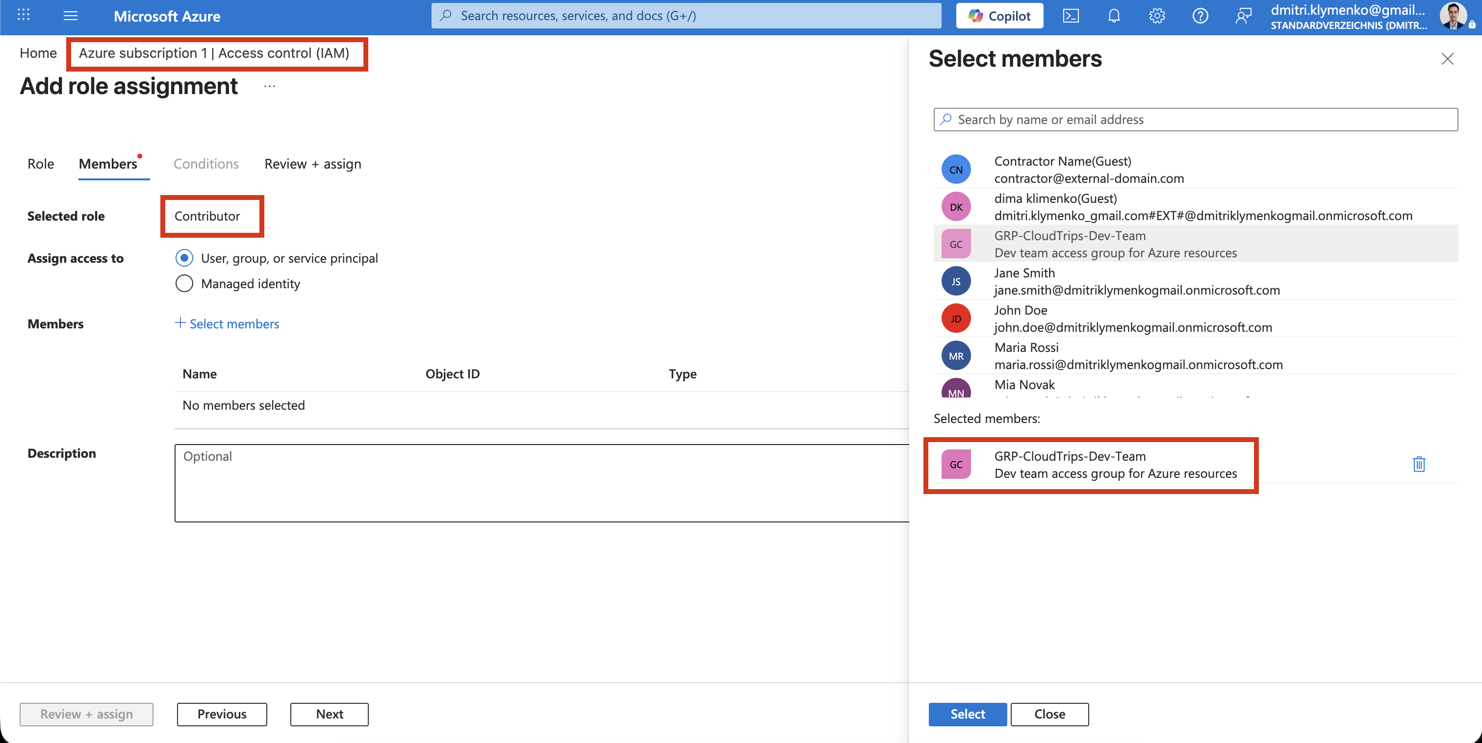 Azure IAM Rollenzuweisungsseite mit Security Group in der Contributor-Rolle