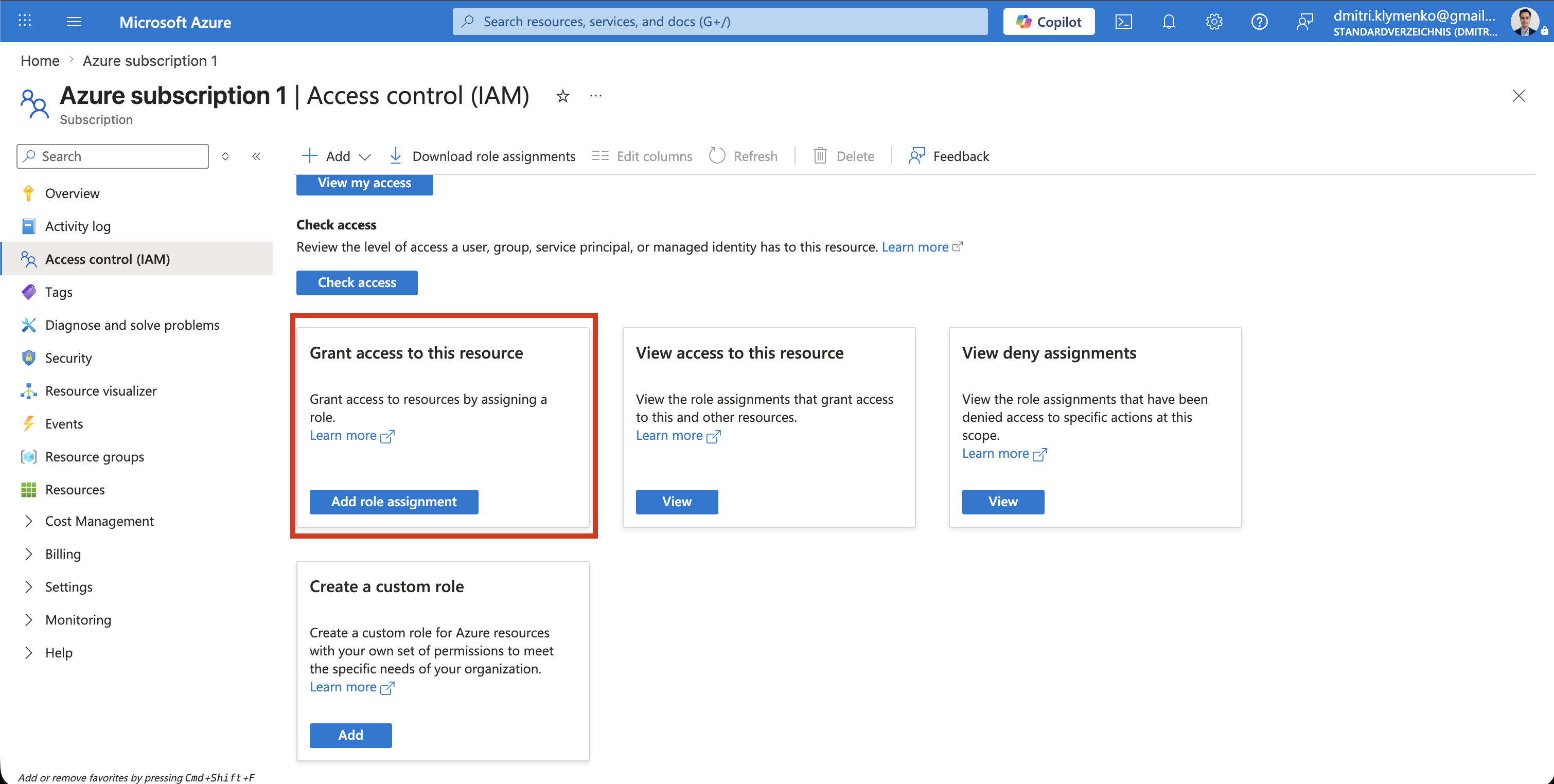 Azure Subscription-Seite mit Access control IAM und Berechtigungsübersicht