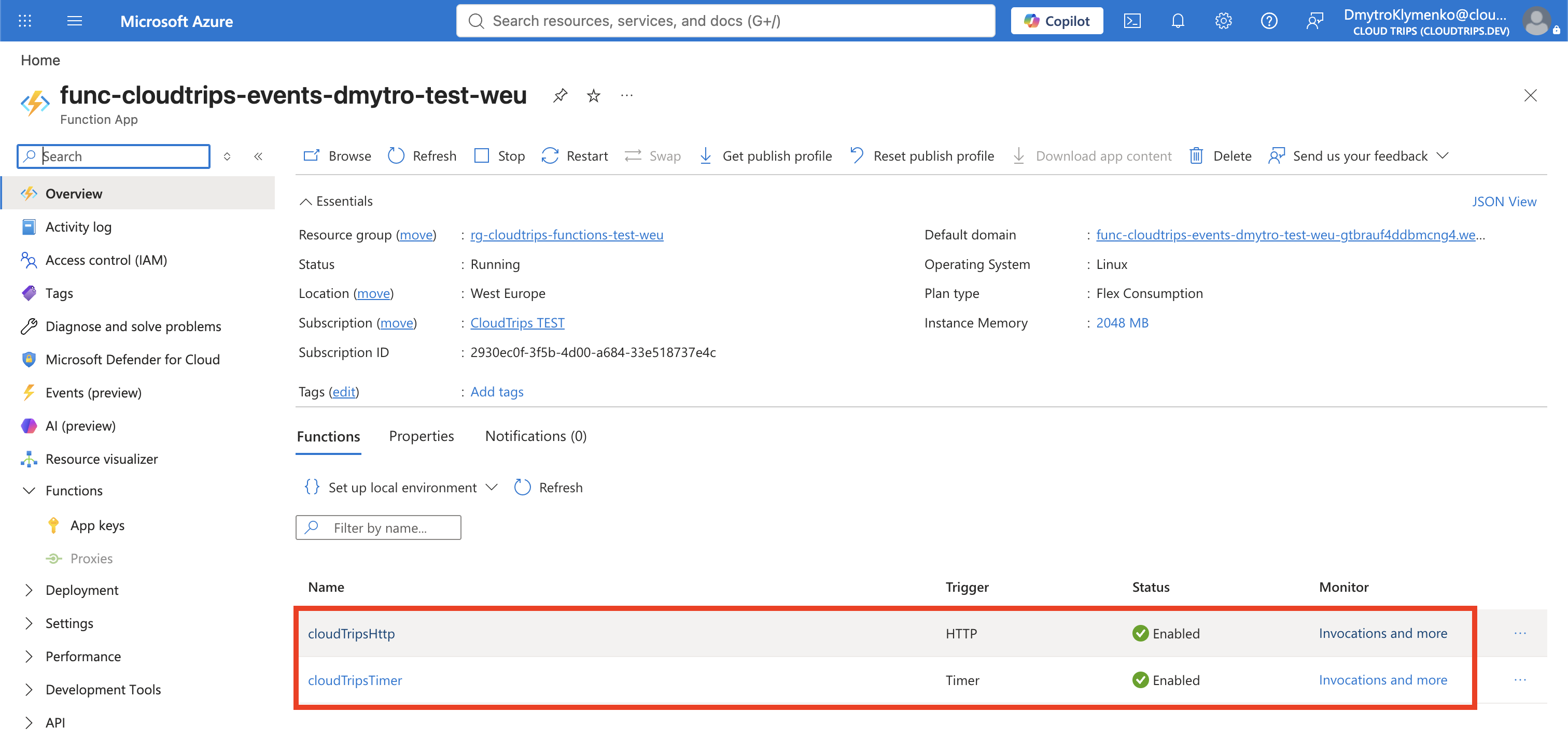 Function App Functions page showing cloudTripsHttp and cloudTripsTimer