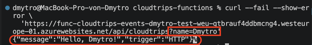 Terminal showing the successful JSON response from cloudTripsHttp