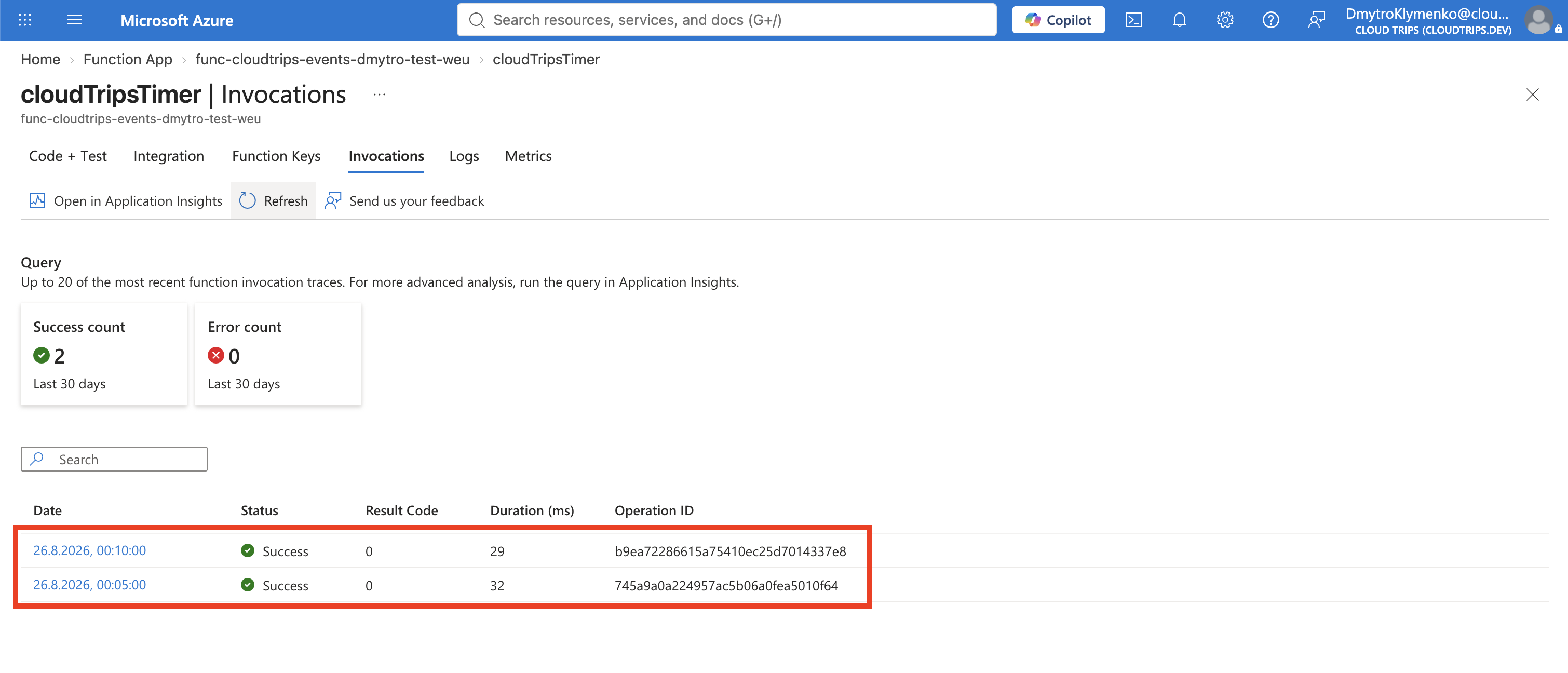Timer function Monitor page showing a successful scheduled invocation
