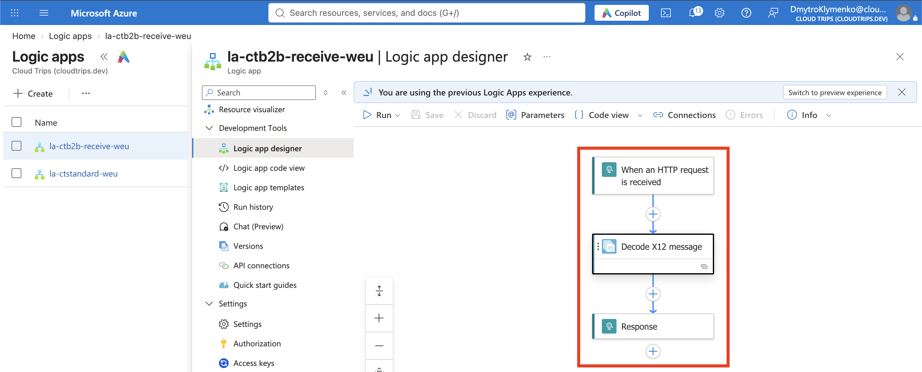 Workflow designer showing the HTTP Request trigger, Decode X12 message, and Response action with credentials hidden.