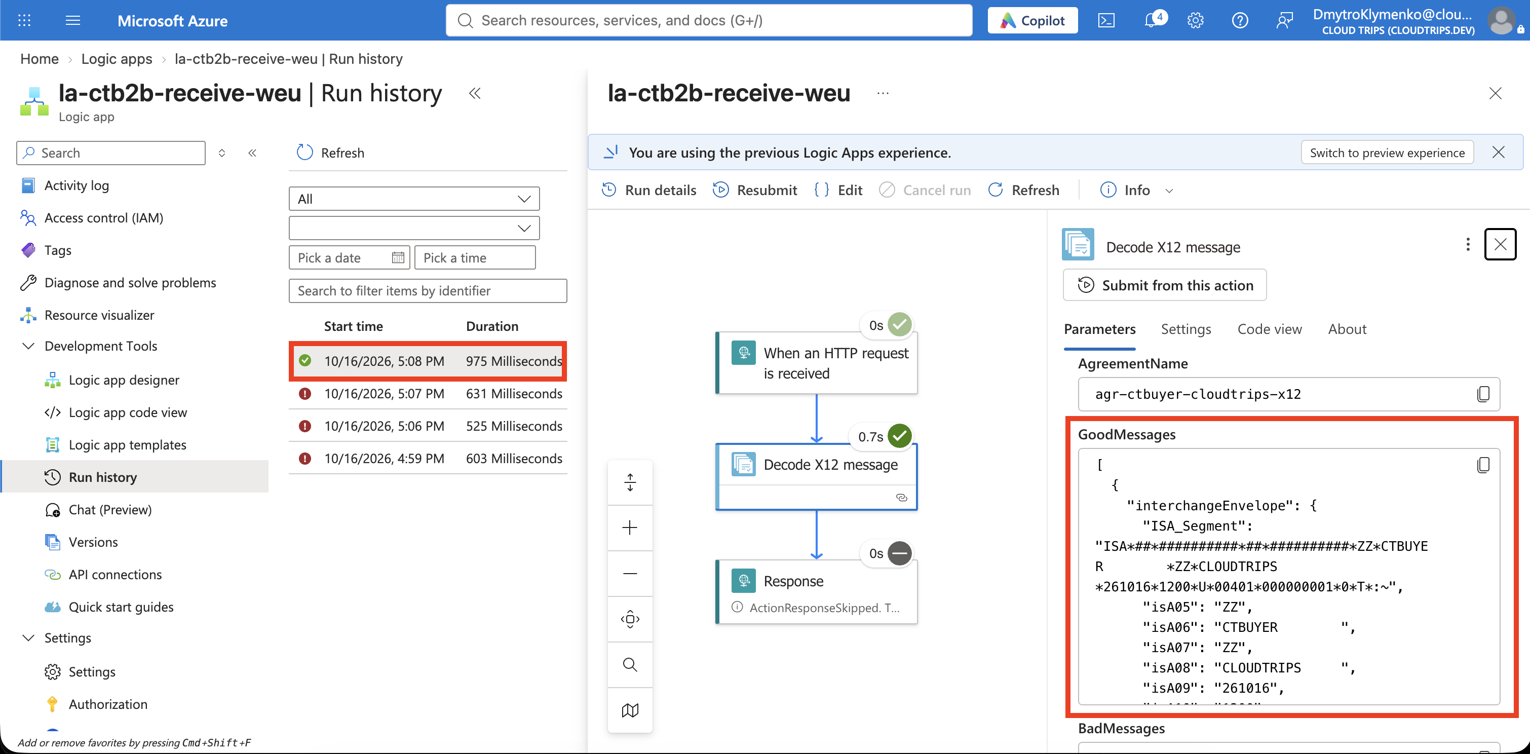 Decode action output showing one accepted purchase order, no rejected messages, and the matching agreement.
