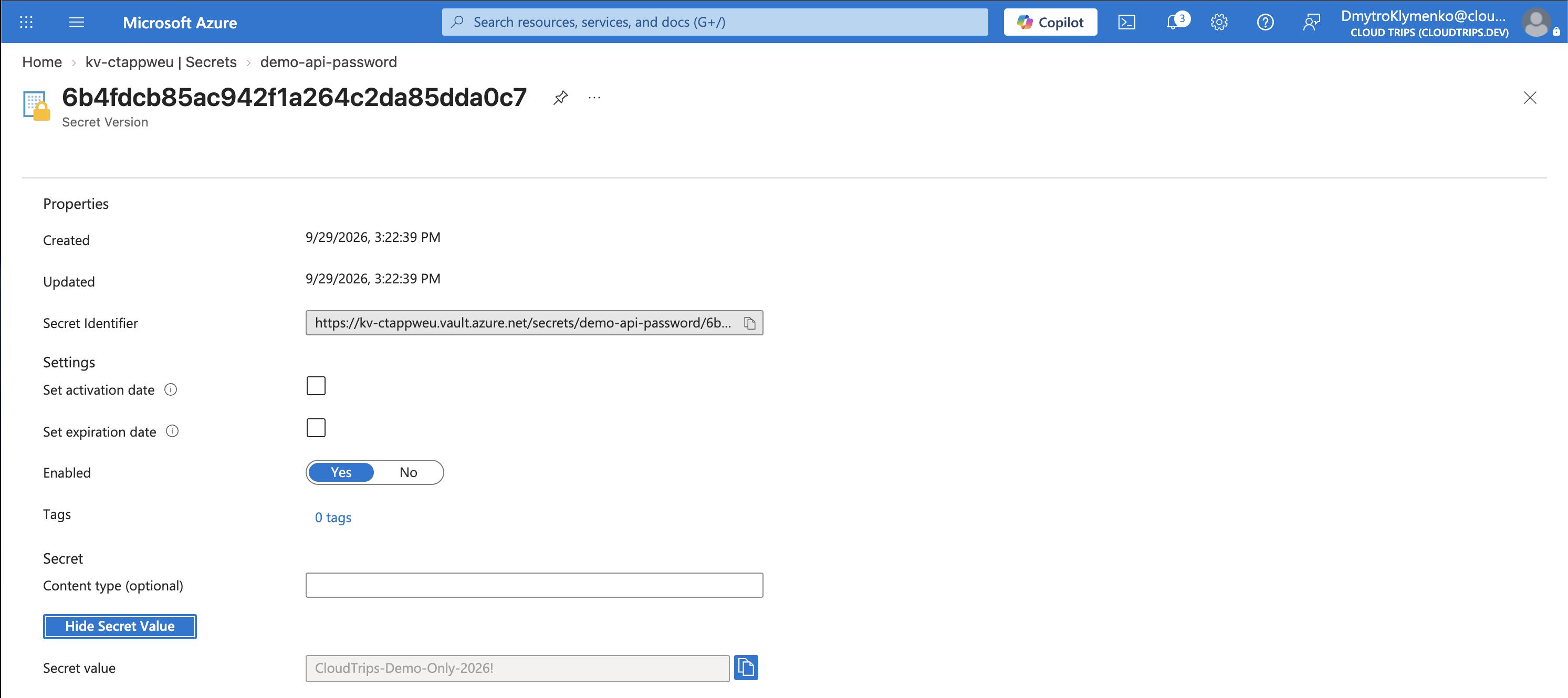 Key Vault secret version showing demo-api-password enabled and the demo value revealed