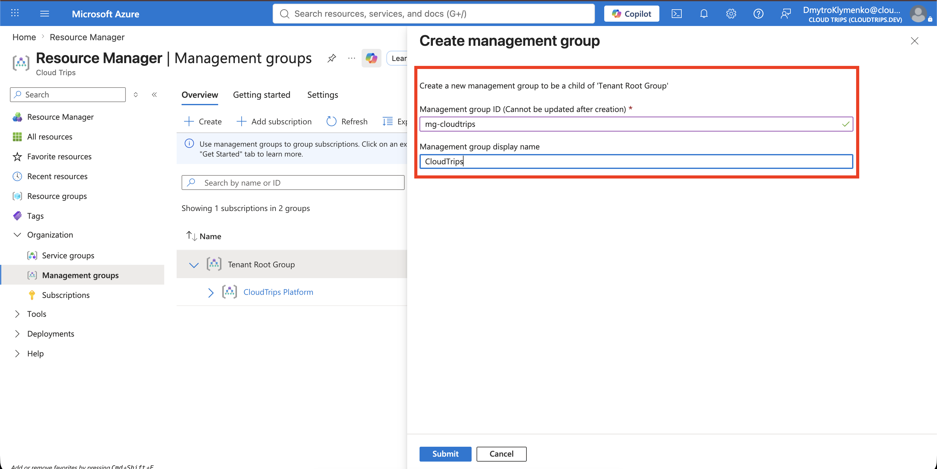 Formular Create child group für die CloudTrips-Zwischenstammgruppe