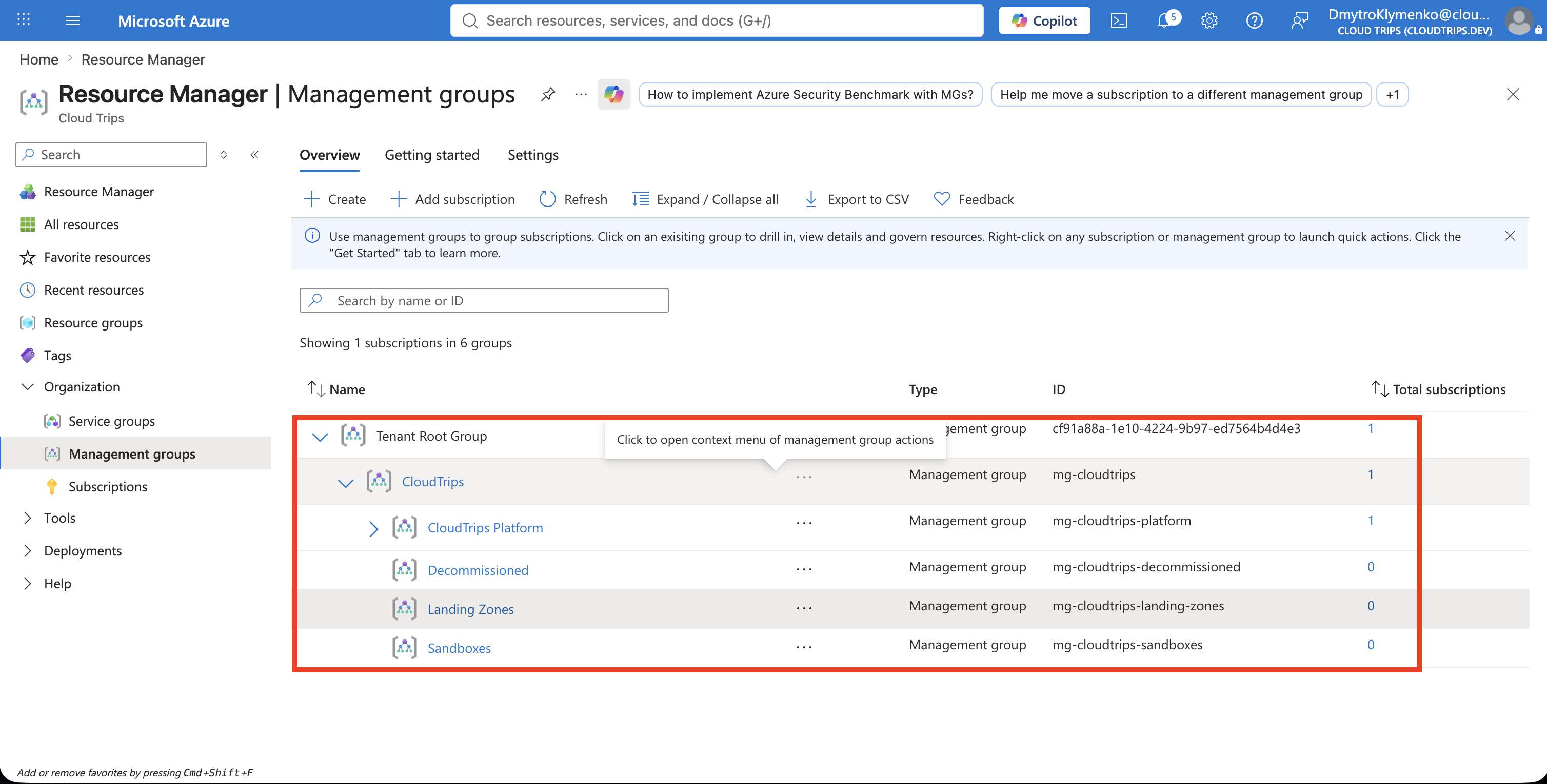 CloudTrips-Hierarchie mit Platform, Landing Zones, Sandboxes und Decommissioned