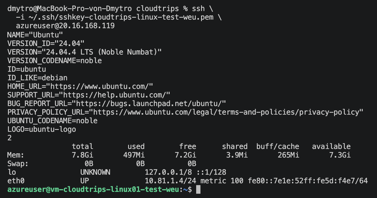 SSH-Sitzung mit Ubuntu-Hostname, Betriebssystemversion, CPU, Arbeitsspeicher und privater Adresse
