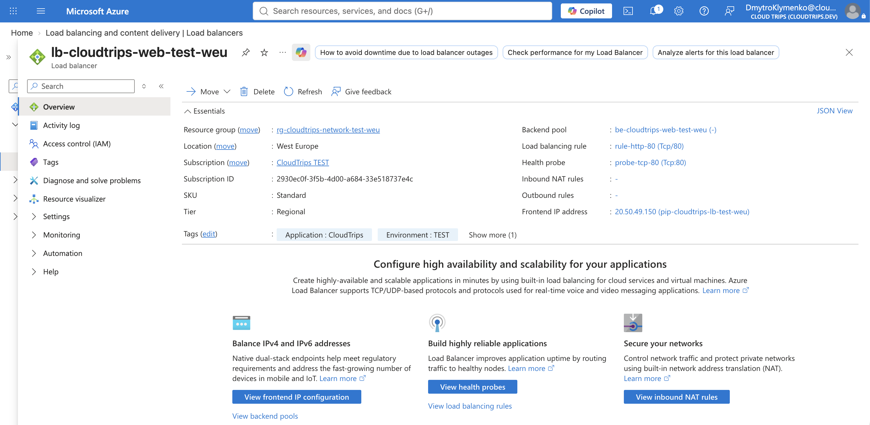 Azure-Load-Balancer-Übersicht mit dem regionalen CloudTrips Standard Load Balancer und seiner öffentlichen Frontend-IP