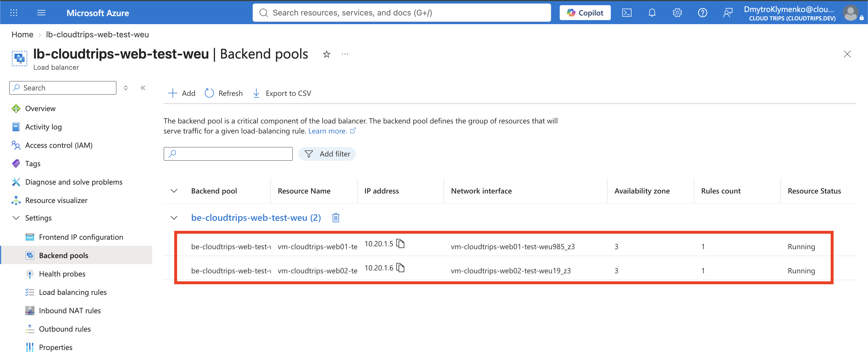 CloudTrips-Load-Balancer-Backend-Pool mit den Netzwerkschnittstellen beider privater Web-VMs