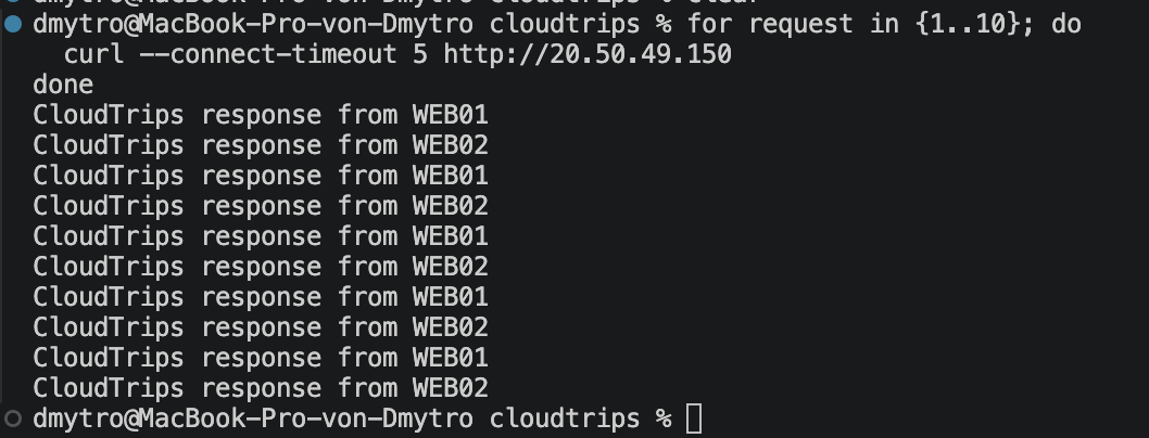 Lokales Terminal mit Anfragen an eine Load-Balancer-IP, die beide CloudTrips-Backend-VMs erreichen
