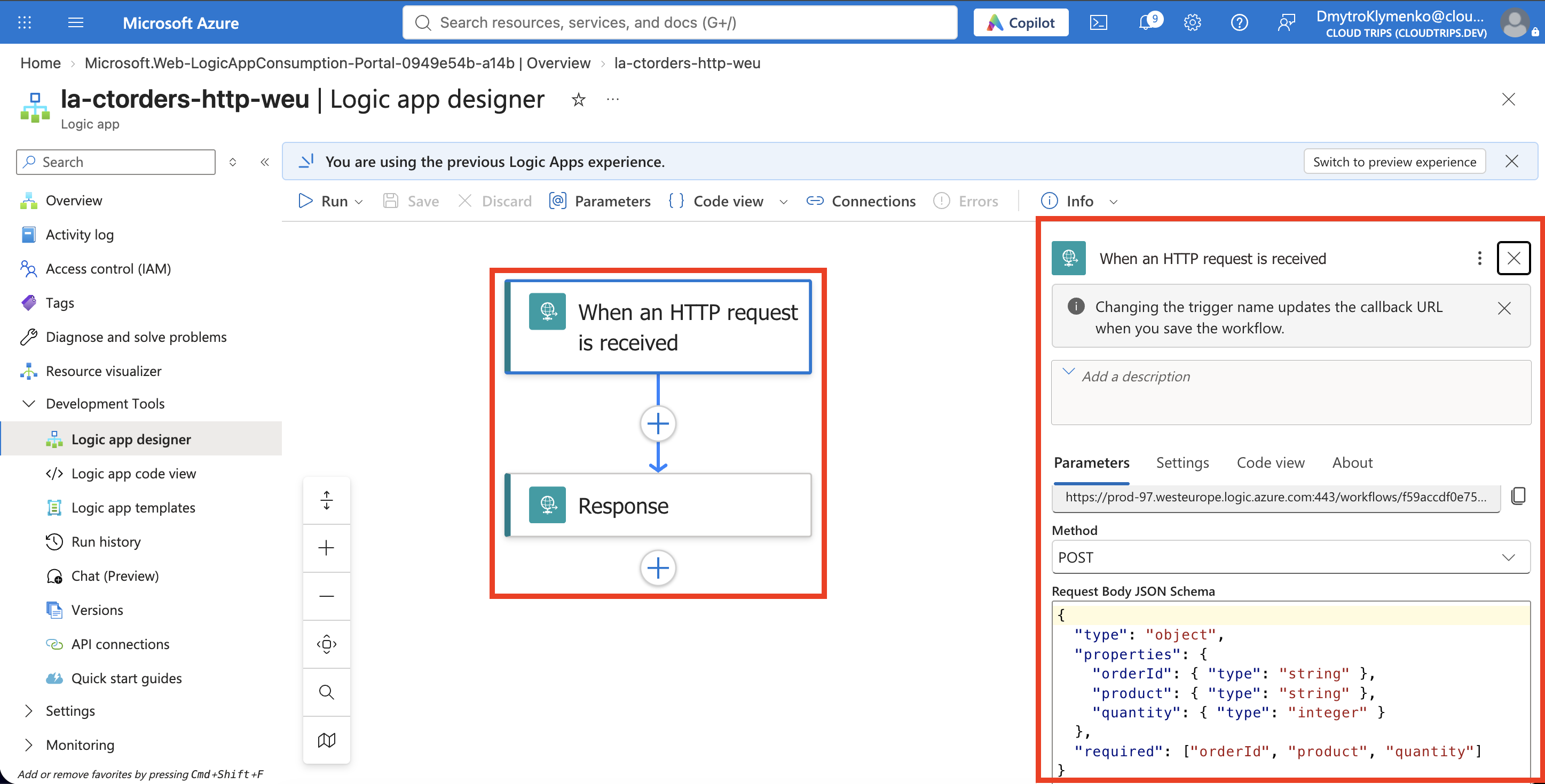 Logic-App-Designer mit HTTP-Request-Trigger und verbundener Response-Aktion bei ausgeblendeter signierter URL.