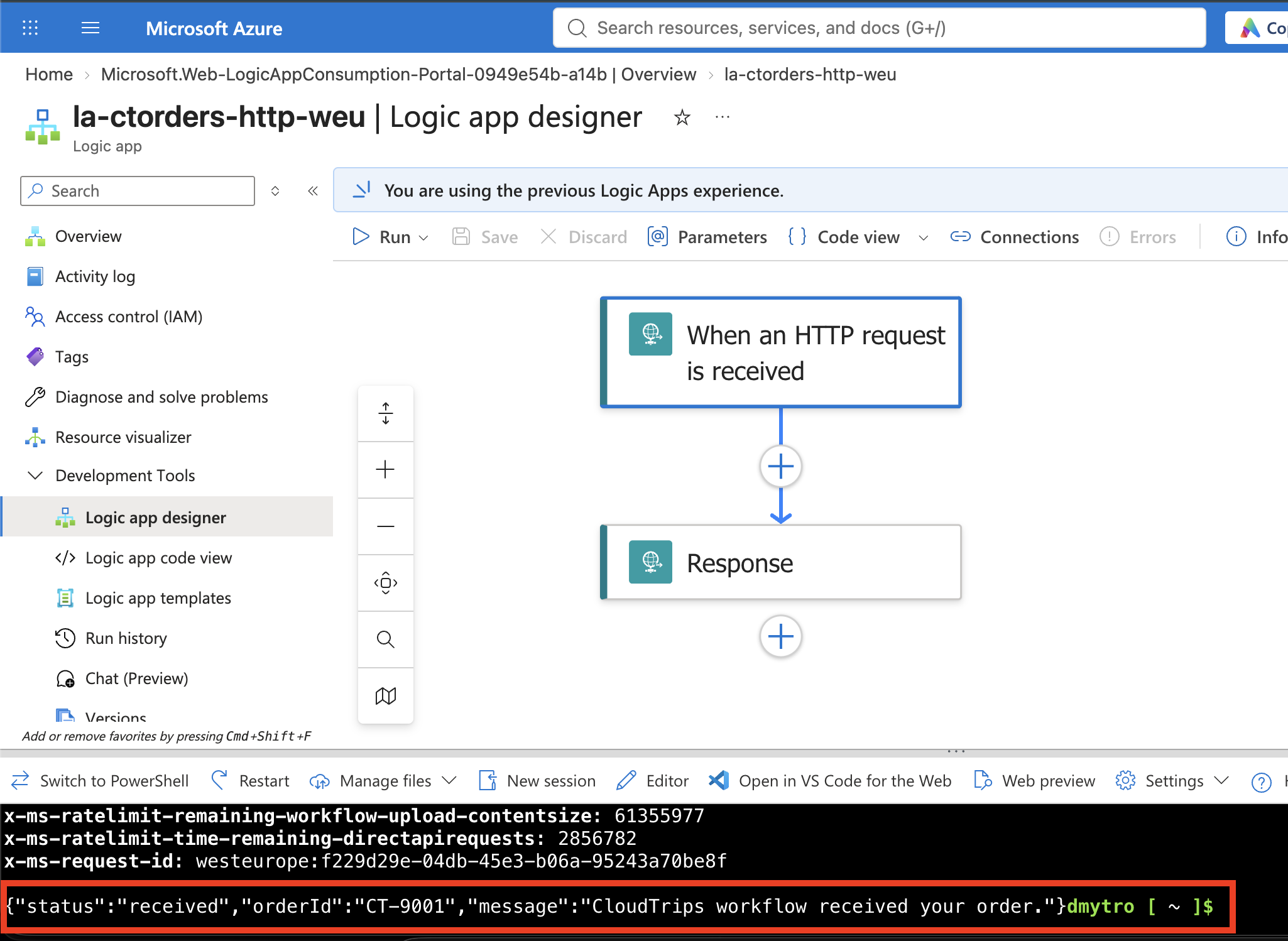 Cloud Shell mit HTTP 200 und JSON-Antwort mit orderId CT-9001.