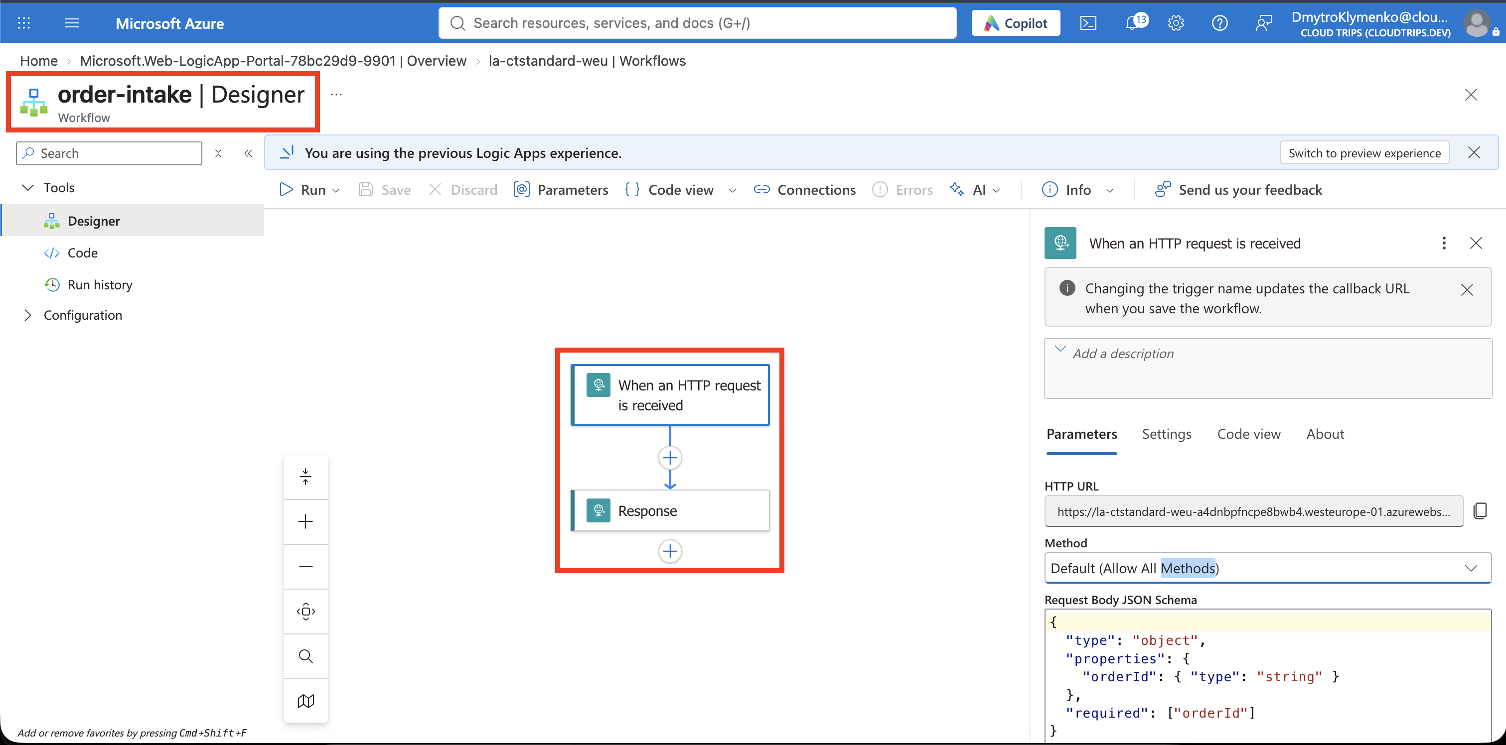 Standard workflow designer with the Request trigger and Response action, with the signed URL hidden.