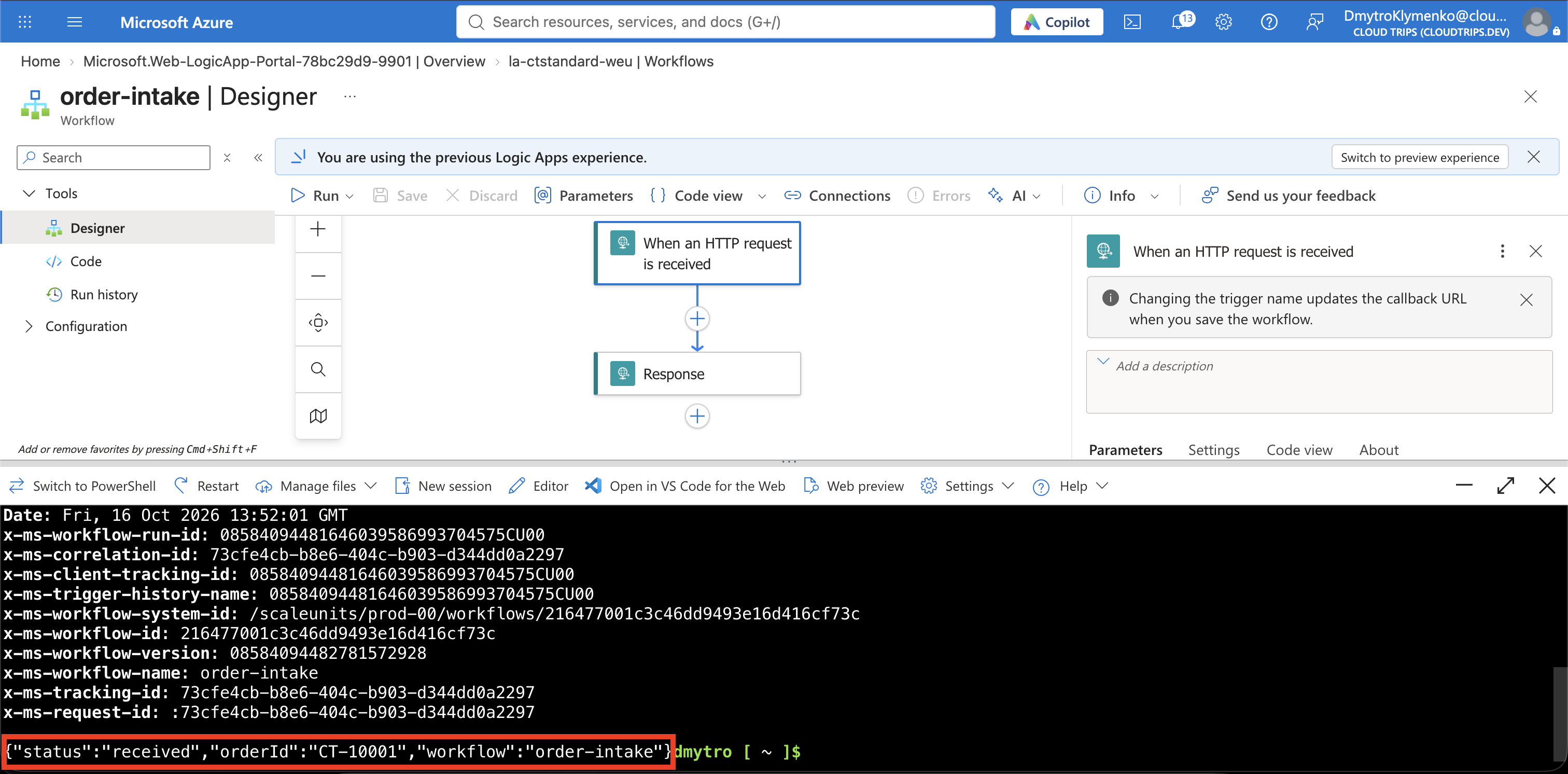 Successful stateful workflow run showing the HTTP request and response with order ID CT-10001.